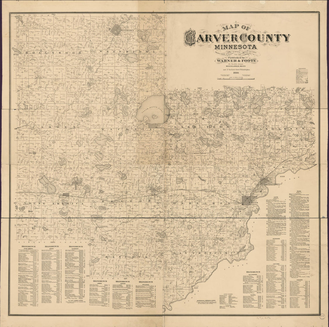 This old map of Map of Carver County, Minnesota : Drawn from Actual Surveys and the County Records from 1880 was created by F. (Frederick) Bourquin,  Warner &amp; Foote,  Worley &amp; Bracher in 1880