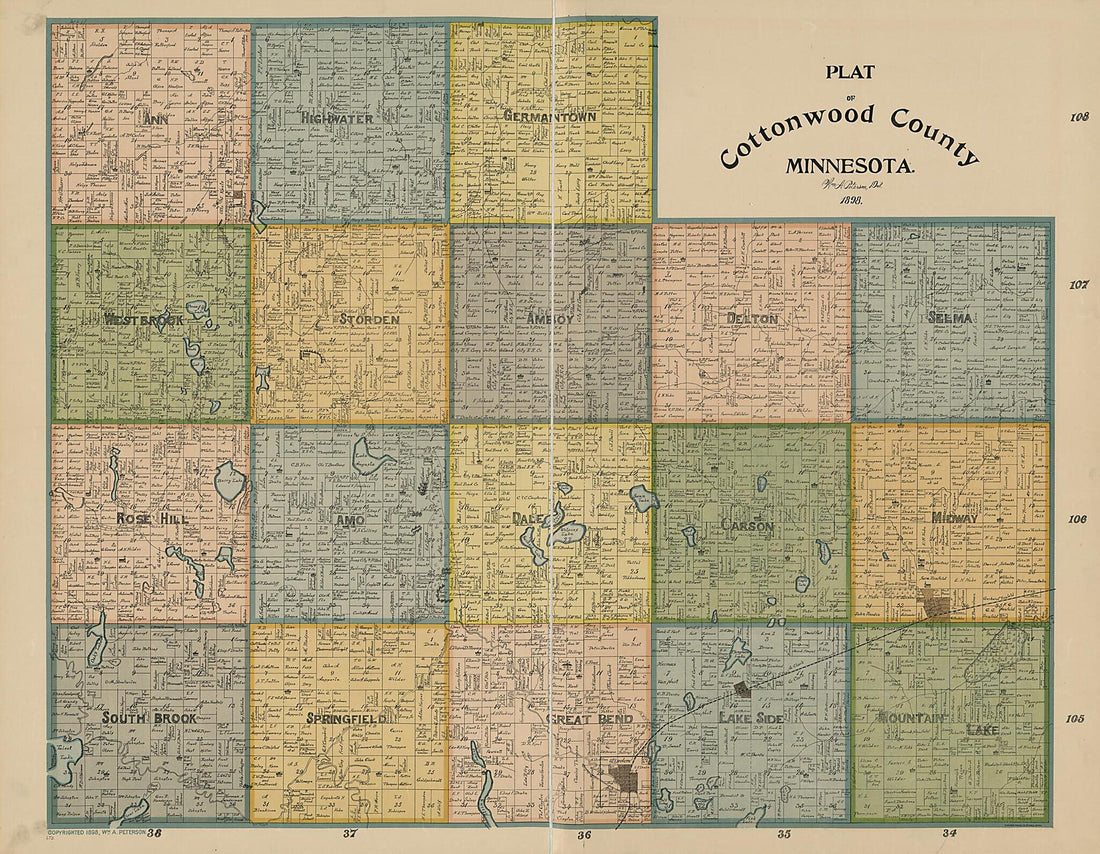 This old map of Plat of Cottonwood County, Minnesota from 1898 was created by William Arnold Peterson in 1898