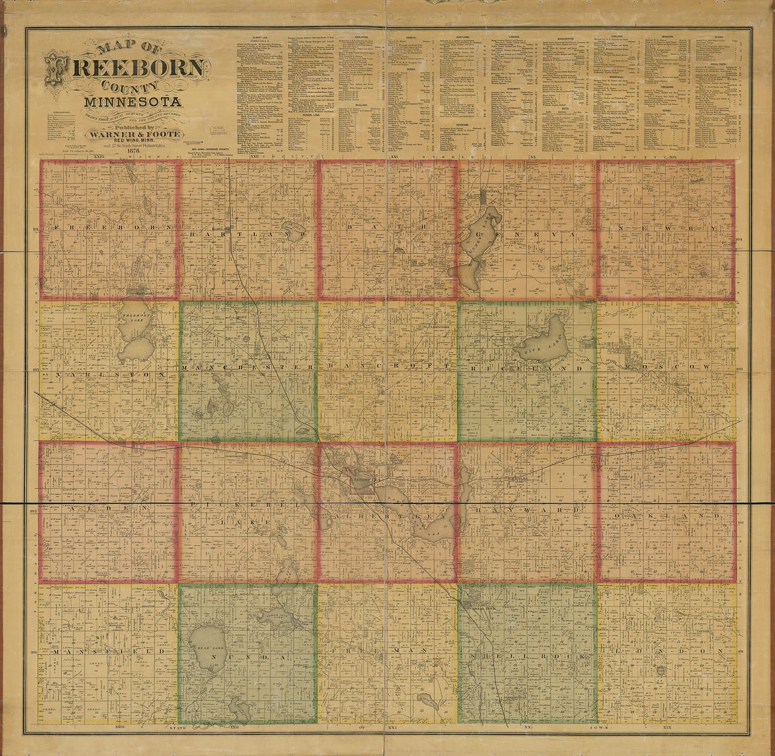 This old map of Map of Freeborn County, Minnesota : Drawn from Actual Surveys and the County Records from 1878 was created by  Warner &amp; Foote,  Worley &amp; Bracher in 1878