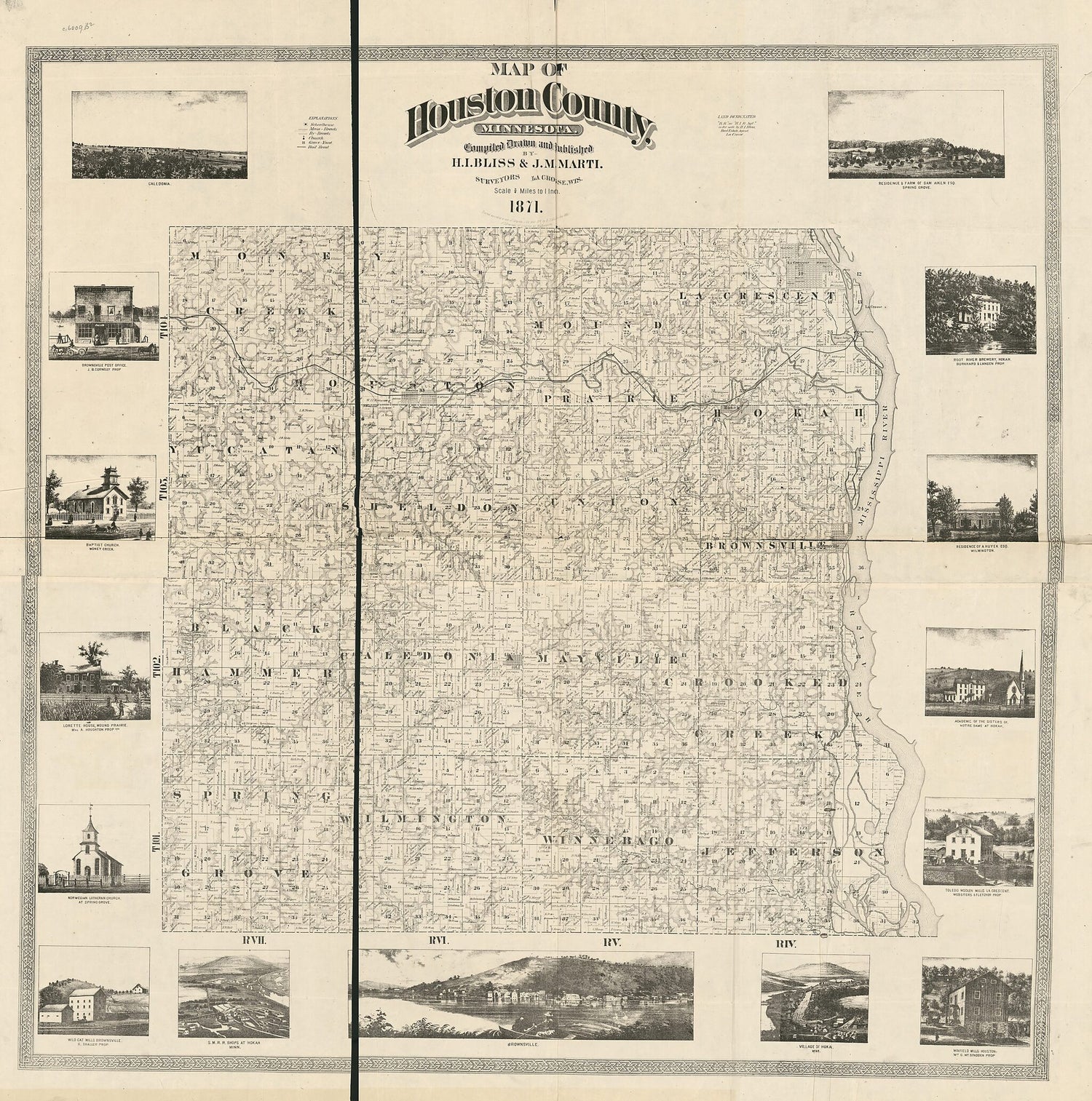 This old map of Map of Houston County, Minnesota from 1871 was created by Henry I. Bliss, J. M. Marti in 1871