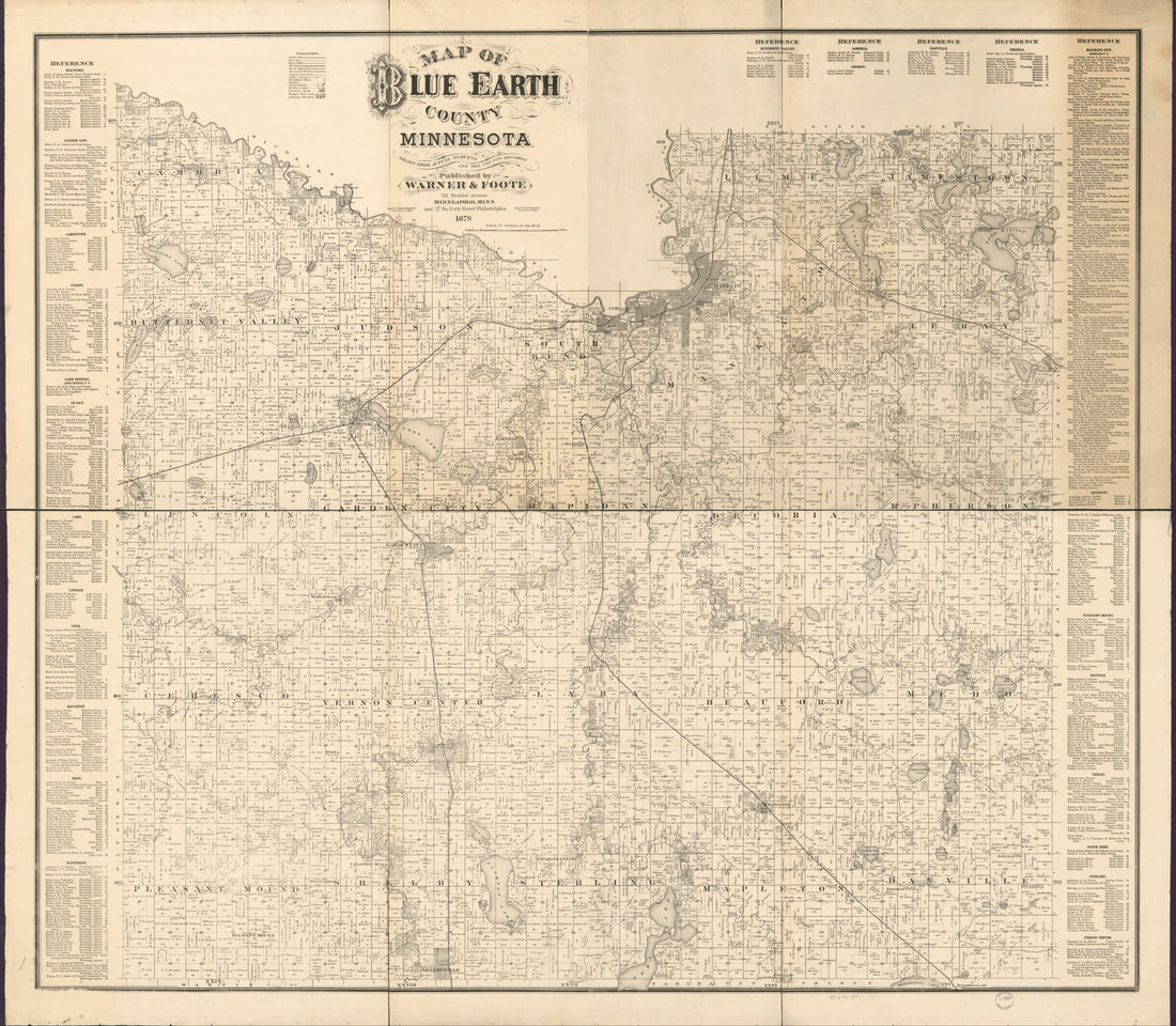 This old map of Map of Blue Earth County, Minnesota : Drawn from Actual Surveys and the County Records from 1879 was created by F. (Frederick) Bourquin,  Warner &amp; Foote,  Worley &amp; Bracher in 1879