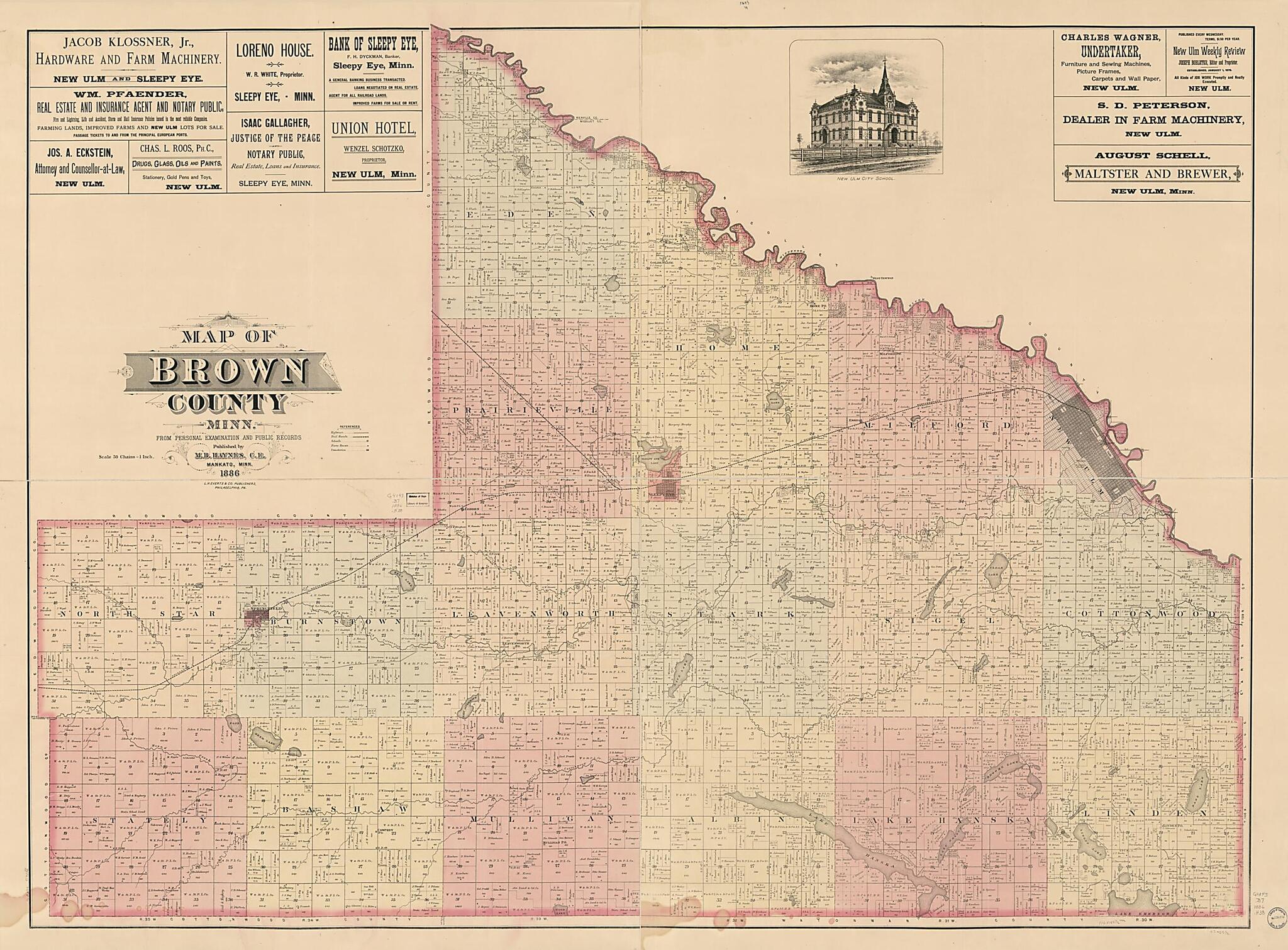 This old map of Map of Brown County, Minnesota : from Personal Examination and Public Records. (Map of Brown County, Minnesota) from 1886 was created by M. B. Haynes,  L.H. Everts &amp; Co in 1886