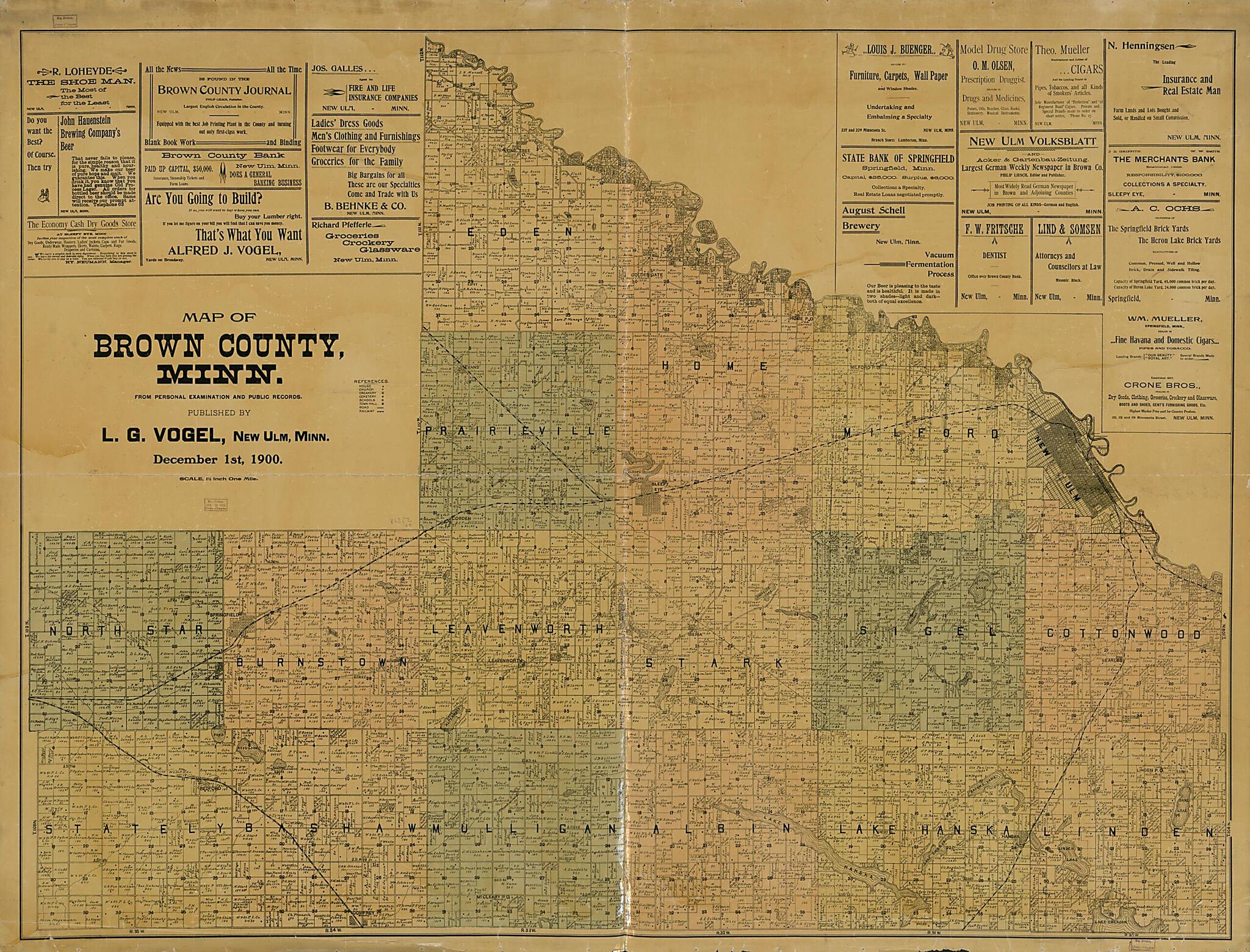 This old map of Map of Brown County, Minnesota : from Personal Examination and Public Records. (Map of Brown County, Minnesota) from 1900 was created by L. G. (Louis G.) Vogel in 1900