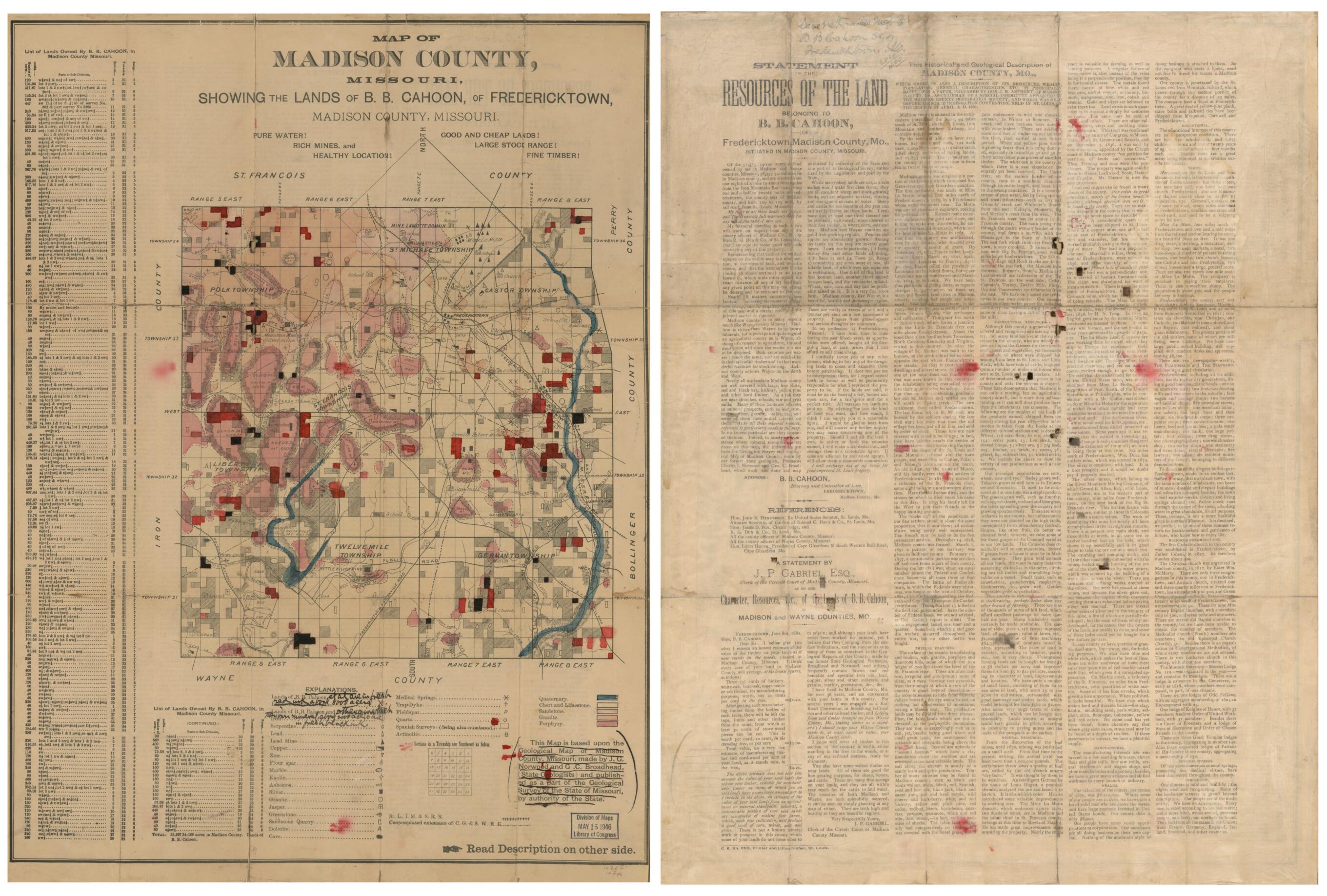 This old map of Map of Madison County, Missouri, Showing the Lands of B.B. Cahoon, of Fredericktown, Madison County, Missouri from 1882 was created by B. B. Cahoon in 1882