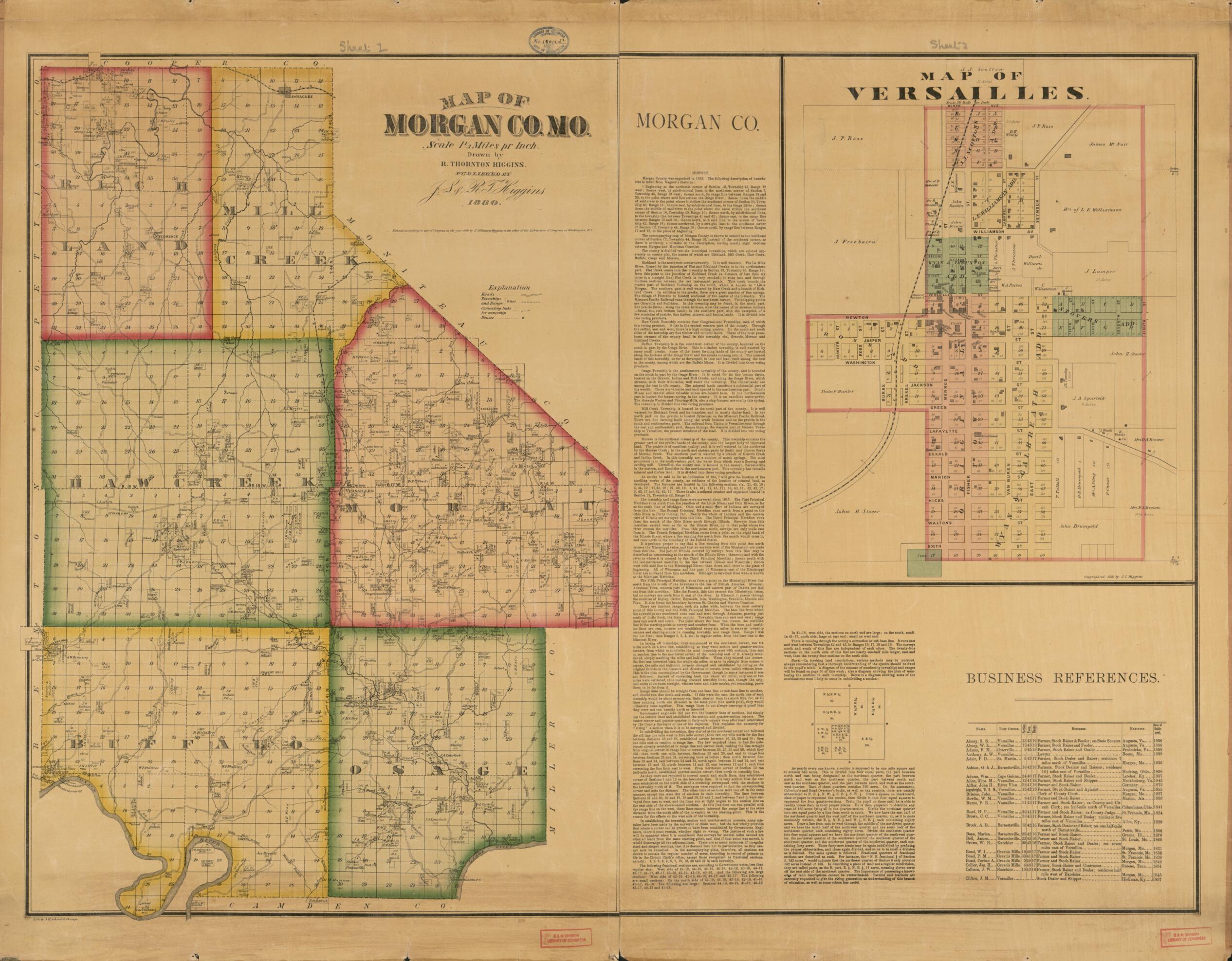 This old map of Map of Morgan Co. MO. (Map of Morgan County, Missouri) from 1880 was created by J. S. (Jerome Silliman) Higgins, R. T. (R. Thornton) Higgins in 1880