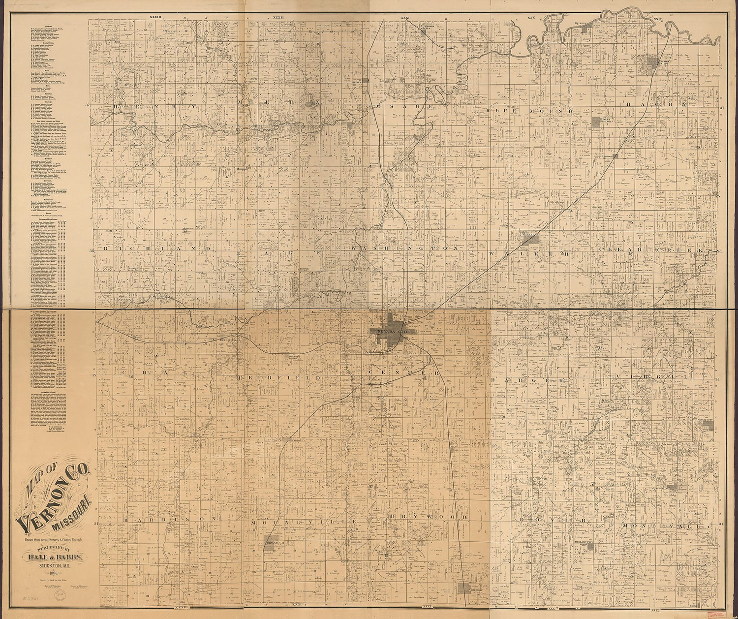 This old map of Map of Vernon County Missouri (Map of Vernon County, Missouri) from 1886 was created by Wm. (William) Bracher in 1886