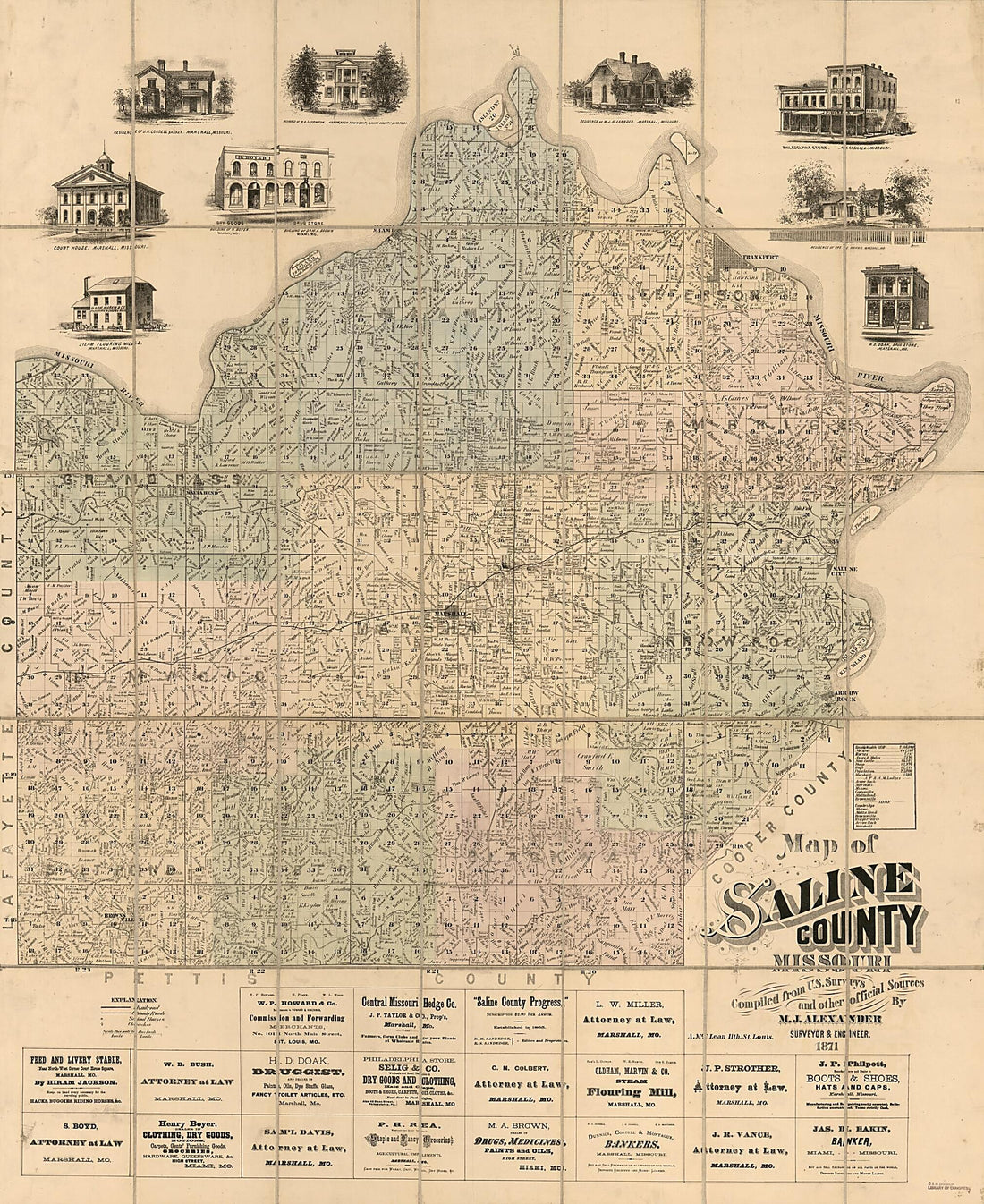 This old map of Map of Saline County, Missouri from 1871 was created by M. J. Alexander in 1871