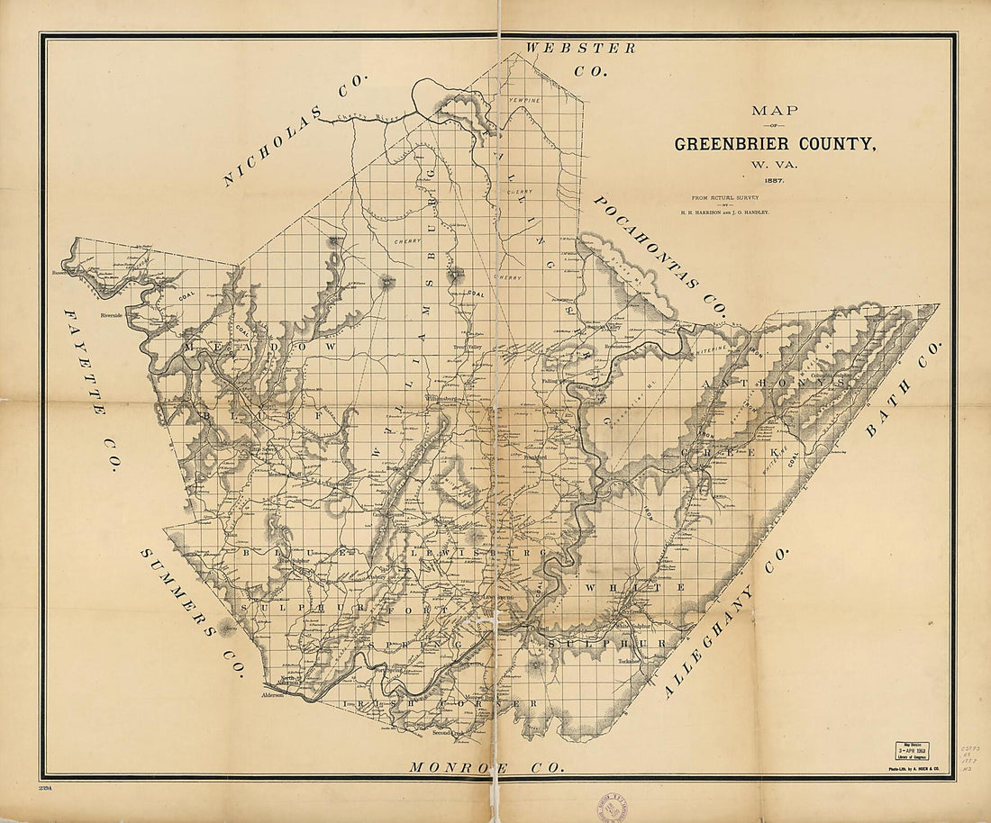 This old map of Map of Greenbrier County, W.Va. : from Actual Survey (Map of Greenbrier County, West Virginia) from 1887 was created by  A. Hoen &amp; Co, J. O. Handley, H. H. Harrison in 1887
