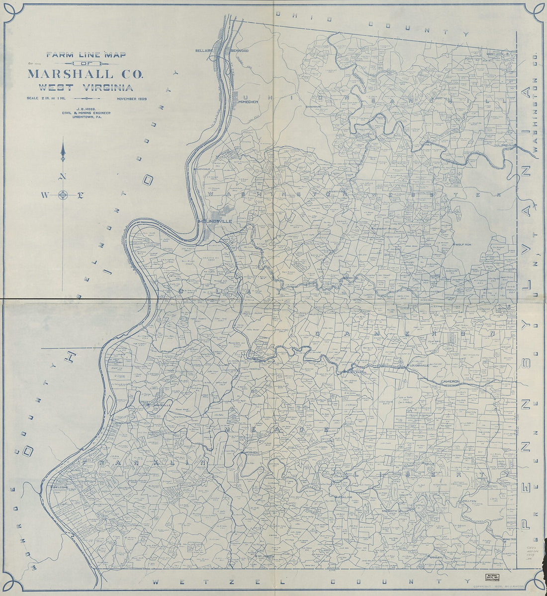 This old map of Farm Line Map of Marshall County, West Virginia (Farm Line Map of Marshall County, West Virginia) from 1909 was created by J. B. Hogg in 1909