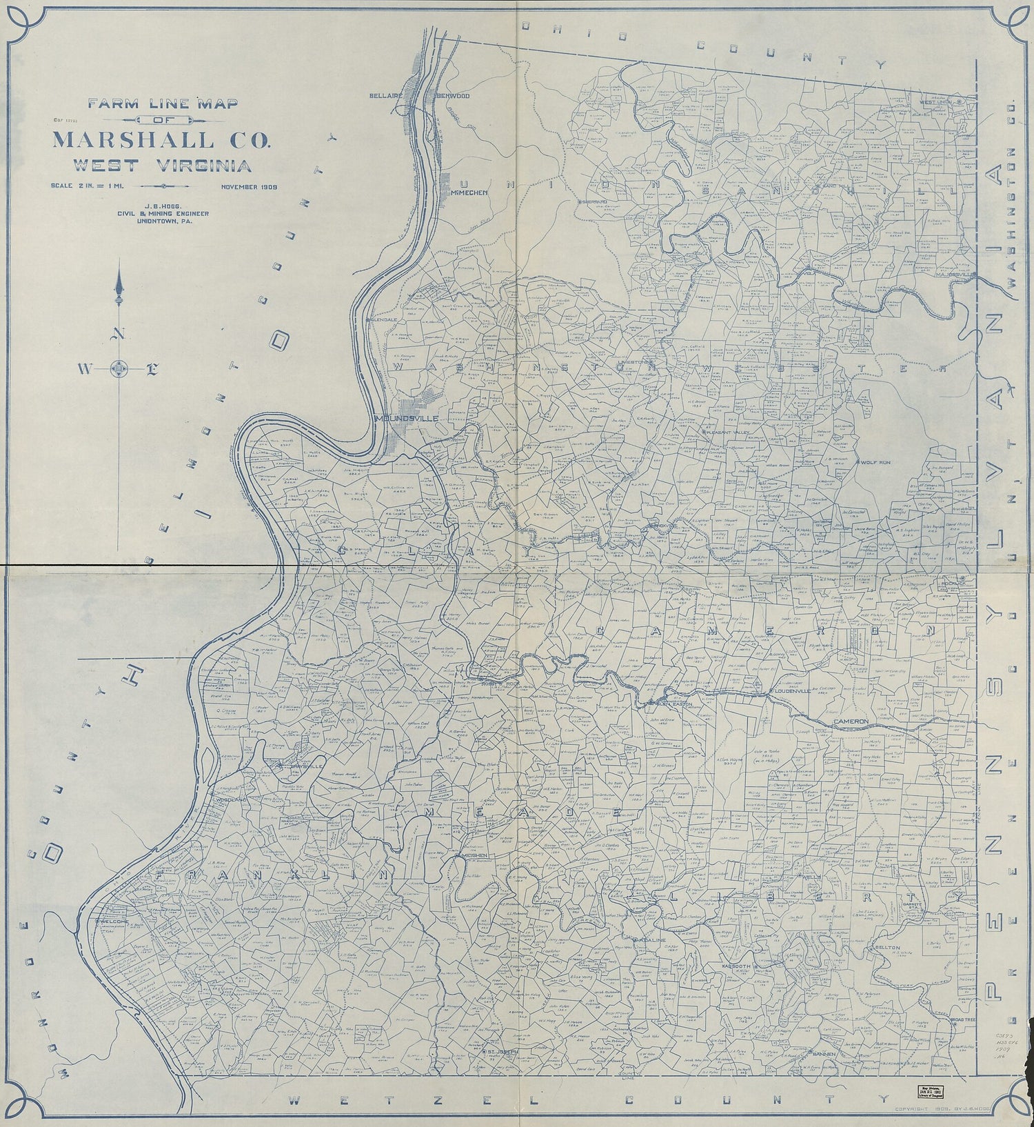 This old map of Farm Line Map of Marshall County, West Virginia (Farm Line Map of Marshall County, West Virginia) from 1909 was created by J. B. Hogg in 1909