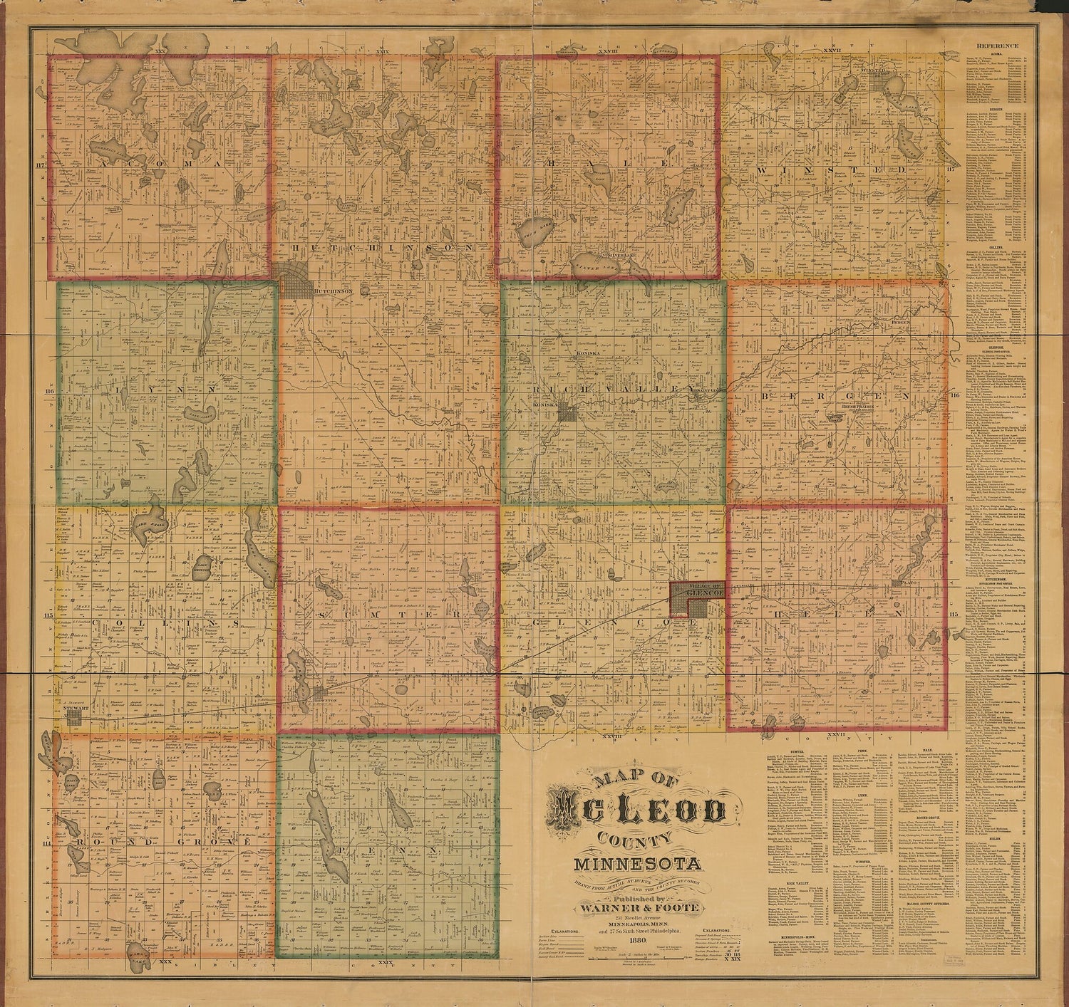 This old map of Map of McLeod County, Minnesota : Drawn from Actual Surveys and the County Records from 1880 was created by Wm. (William) Bracher,  Warner &amp; Foote in 1880