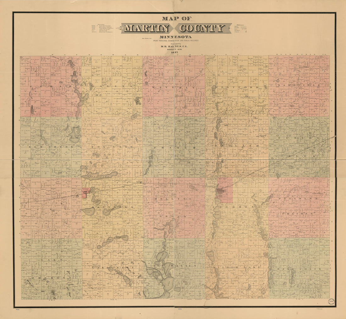 This old map of Map of Martin County, Minnesota : from Personal Examinations and Public Records from 1887 was created by M. B. Haynes in 1887