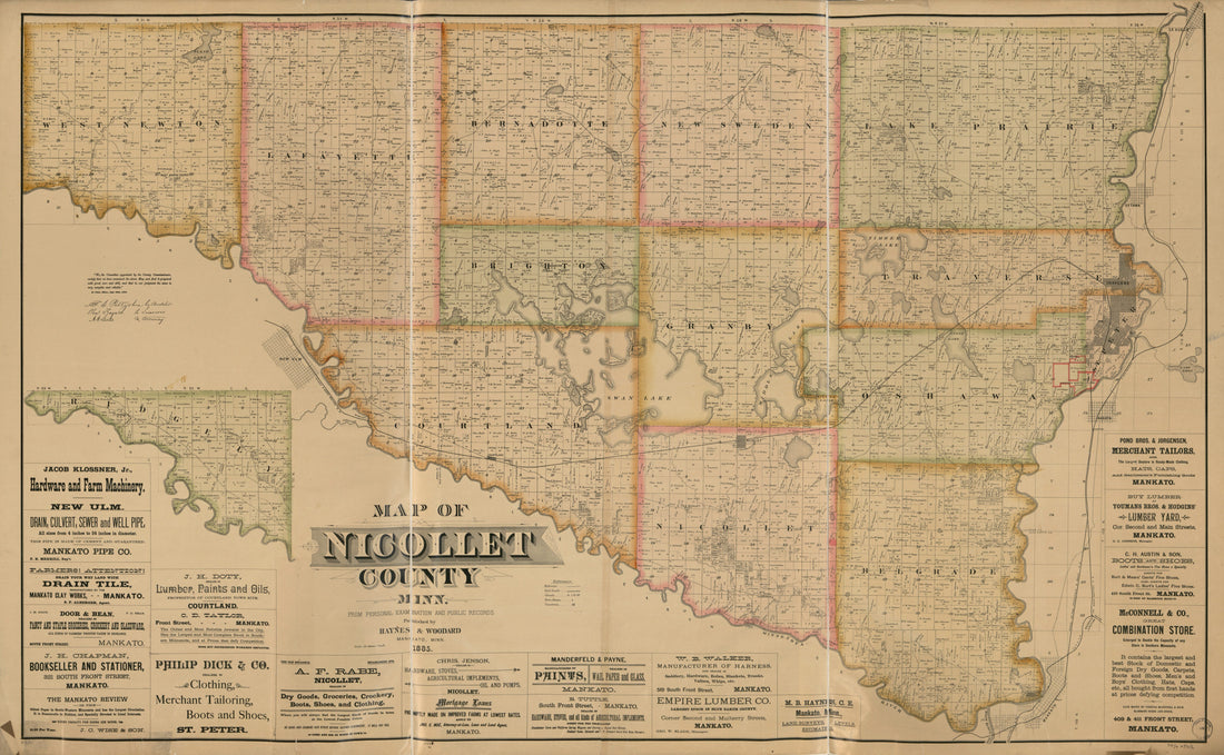 This old map of Map of Nicollet County, Minnesota : from Personal Examination and Public Records. (Map of Nicollet County, Minnesota) from 1885 was created by  Haynes &amp; Woodard in 1885