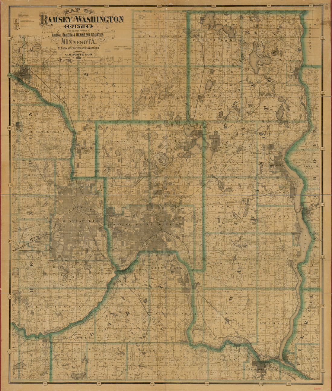 This old map of Map of Ramsey and Washington Counties : With Adjacent Portions of Anoka, Dakota &amp; Hennepin Counties, Minnesota, and Parts of St. Croix &amp; Pierce Counties, Minnesota from 1887 was created by F. (Frederick) Bourquin, Wm. (William) Bracher, M