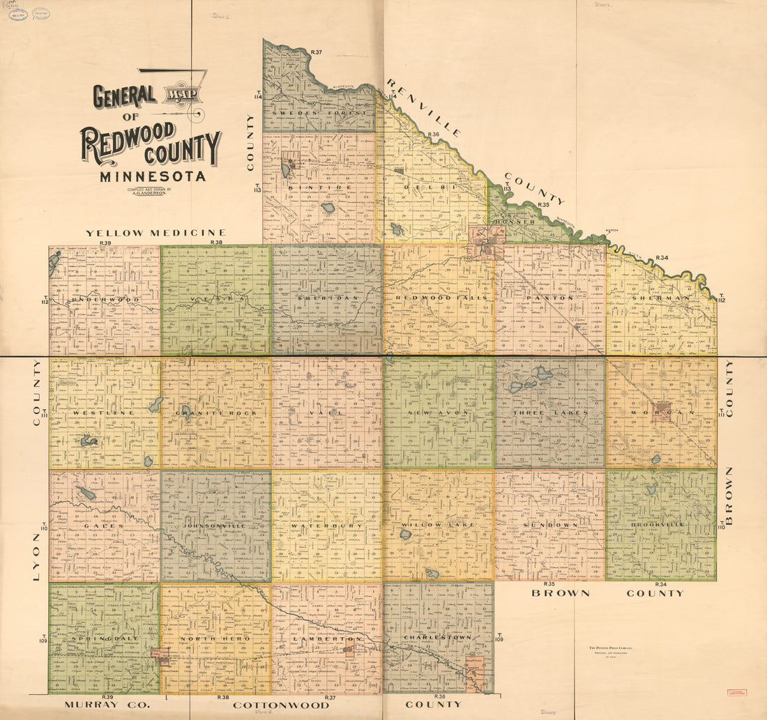 This old map of General Map of Redwood County, Minnesota from 1898 was created by A. H. (Andrew H.) Anderson, Minn.) Pioneer Press Co. (Saint Paul in 1898