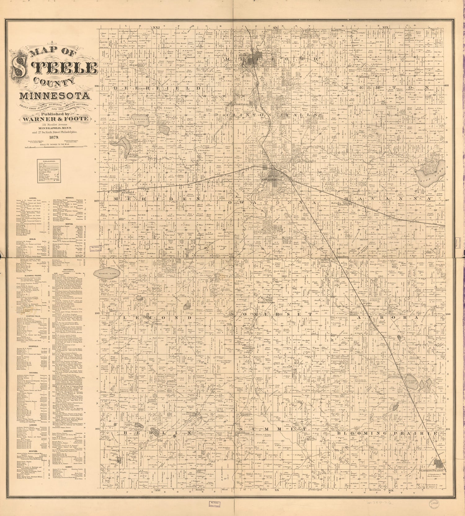 This old map of Map of Steele County, Minnesota : Drawn from Actual Surveys and the County Records from 1879 was created by  Warner &amp; Foote,  Worley &amp; Bracher in 1879