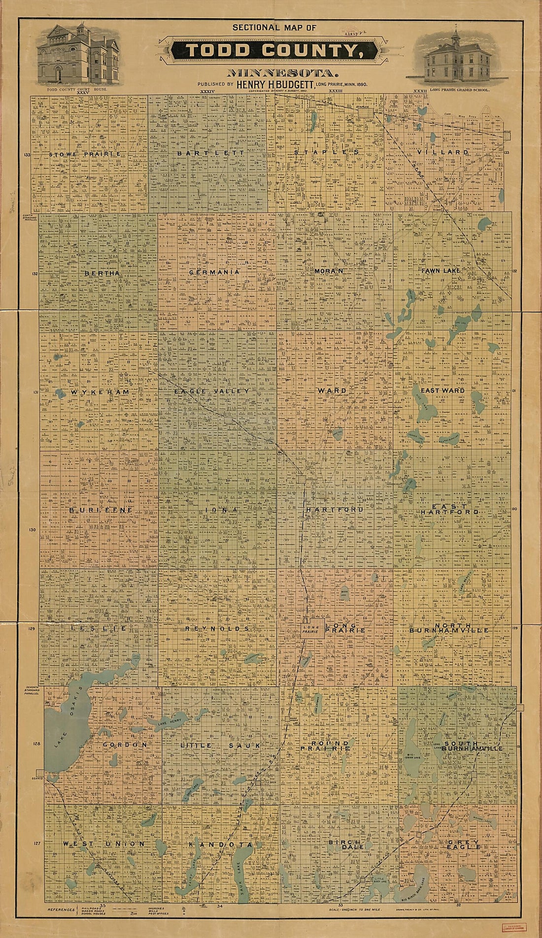 This old map of Sectional Map of Todd County, Minnesota from 1890 was created by Treacy &amp; Co. (Saint Paul Brown, Henry H. Budgett in 1890