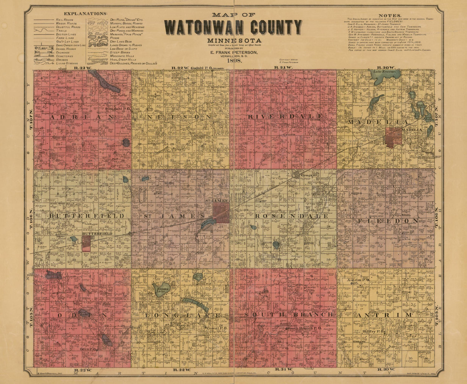 This old map of Map of Watonwan County, Minnesota : Compiled and Drawn from a Special Survey and Official Records from 1898 was created by  E.P. Noll &amp; Co, E. Frank Peterson in 1898