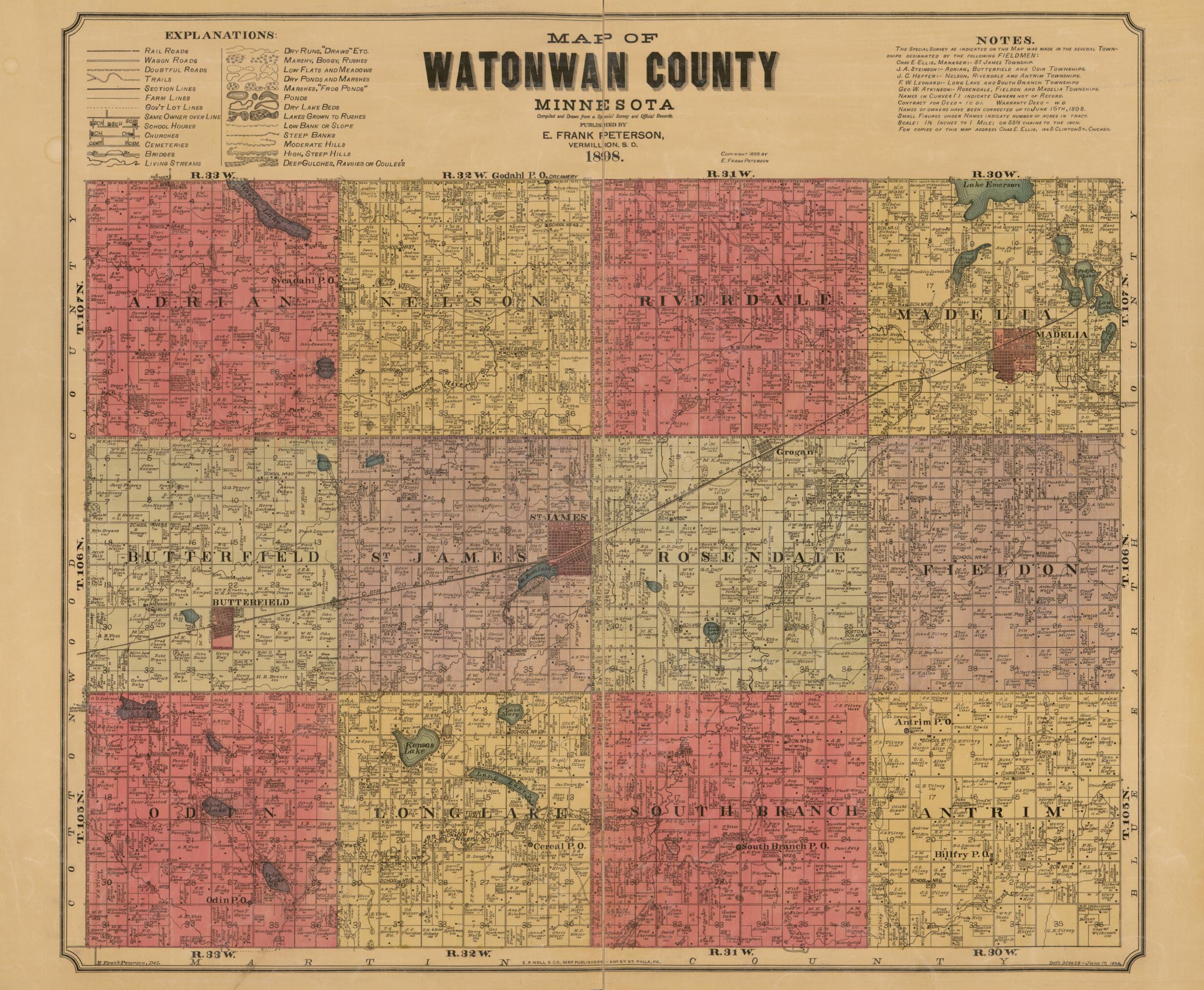This old map of Map of Watonwan County, Minnesota : Compiled and Drawn from a Special Survey and Official Records from 1898 was created by  E.P. Noll &amp; Co, E. Frank Peterson in 1898