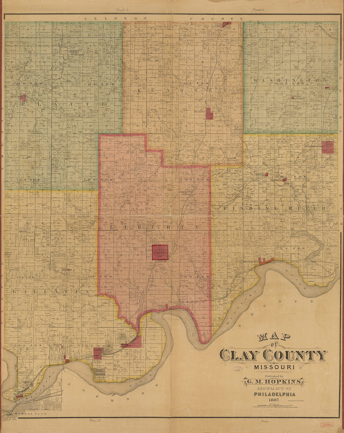 This old map of Map of Clay County, Missouri from 1887 was created by Griffith Morgan Hopkins in 1887