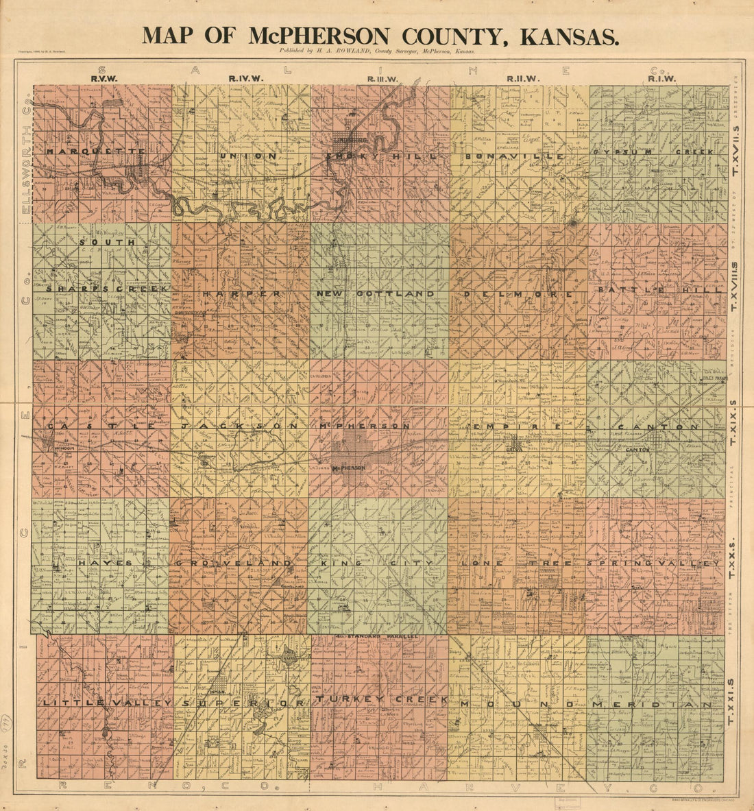 This old map of Map of McPherson County, Kansas from 1898 was created by H. A. Rowland in 1898