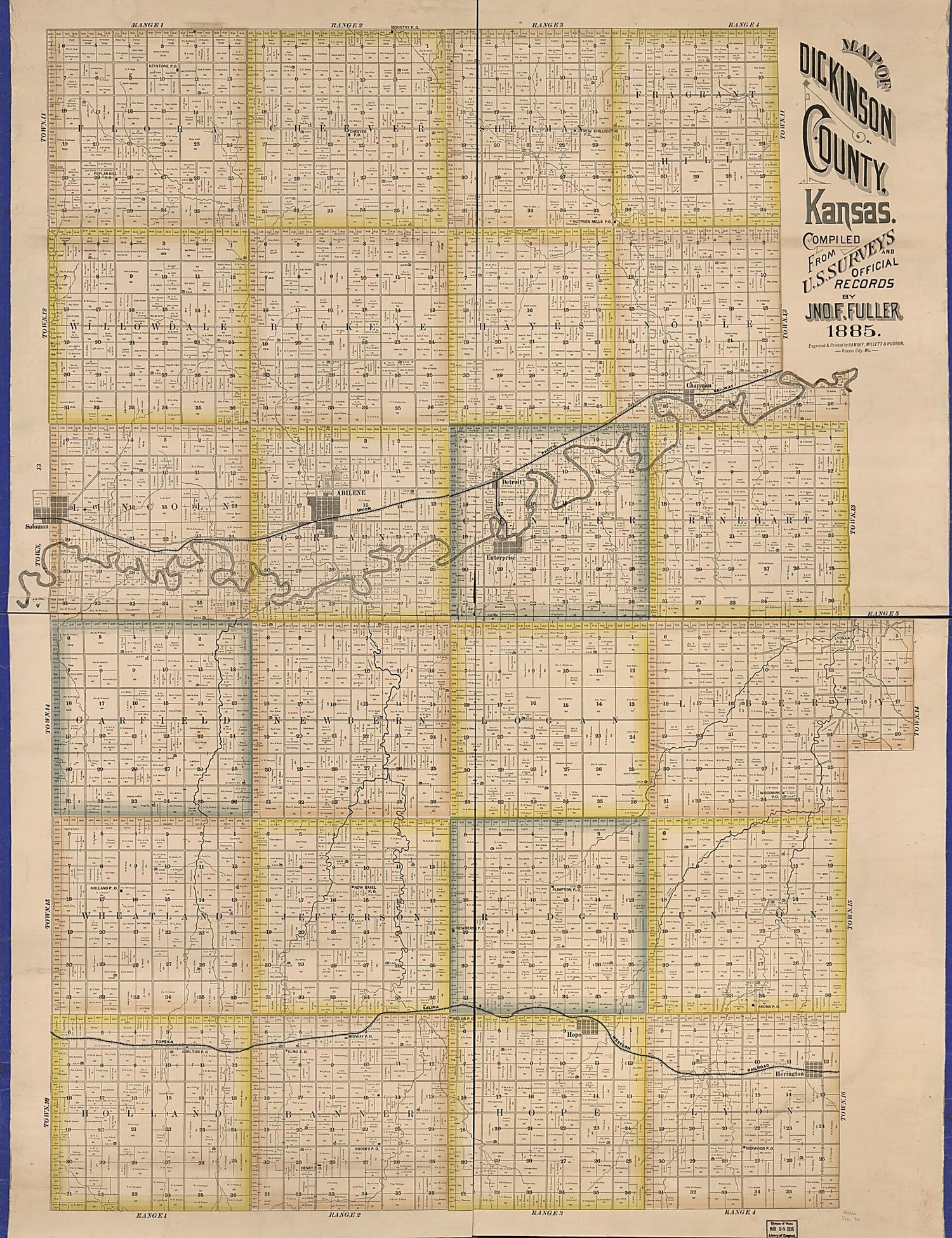 This old map of Map of Dickinson County, Kansas from 1885 was created by Jno. F. Fuller in 1885