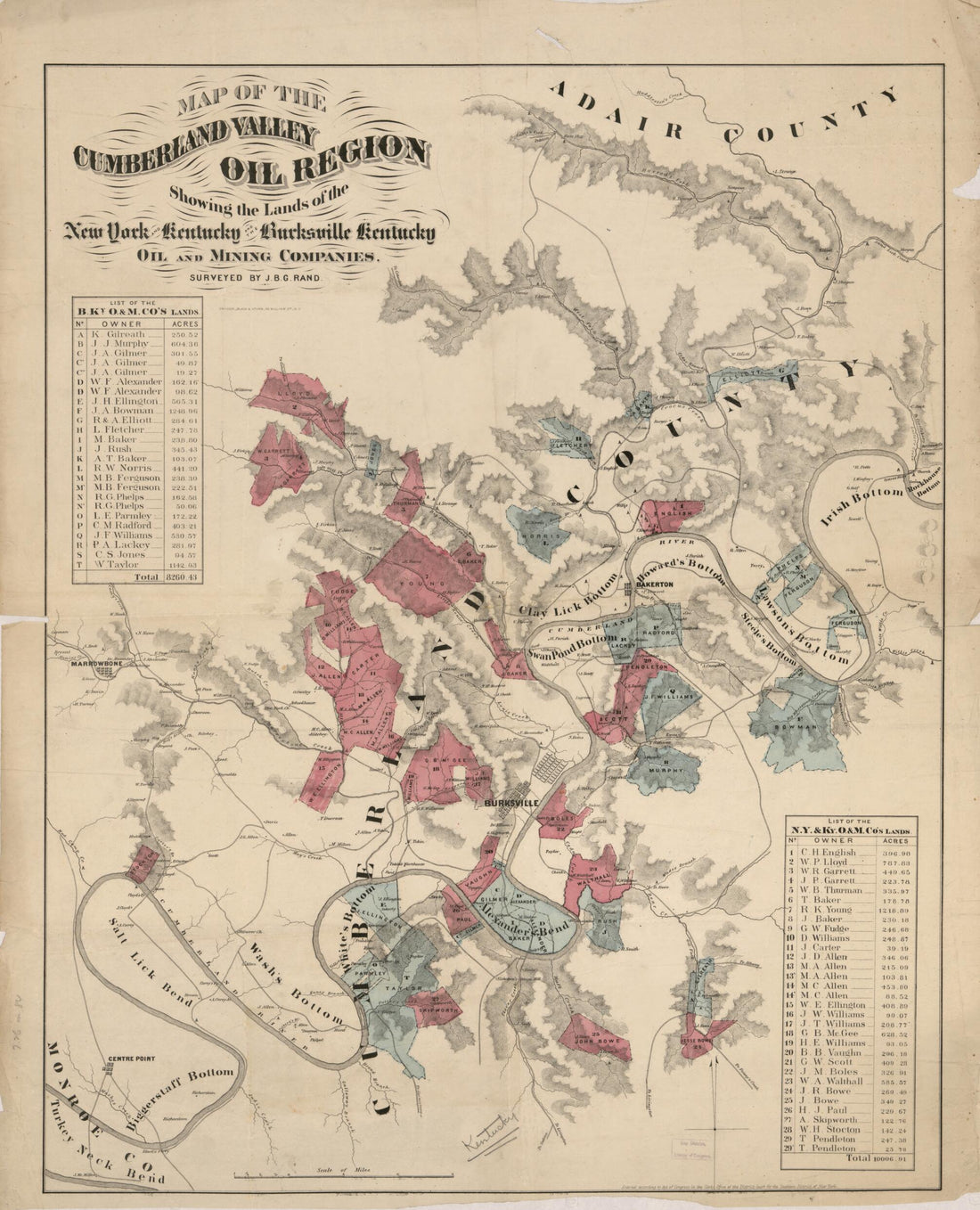 This old map of Map of the Cumberland Valley Oil Region : Showing the Lands of the New York and Kentucky and the Burksville Kentucky Oil and Mining Companies from 1870 was created by J. B. G. Rand, Black &amp; Sturn Snyder in 1870