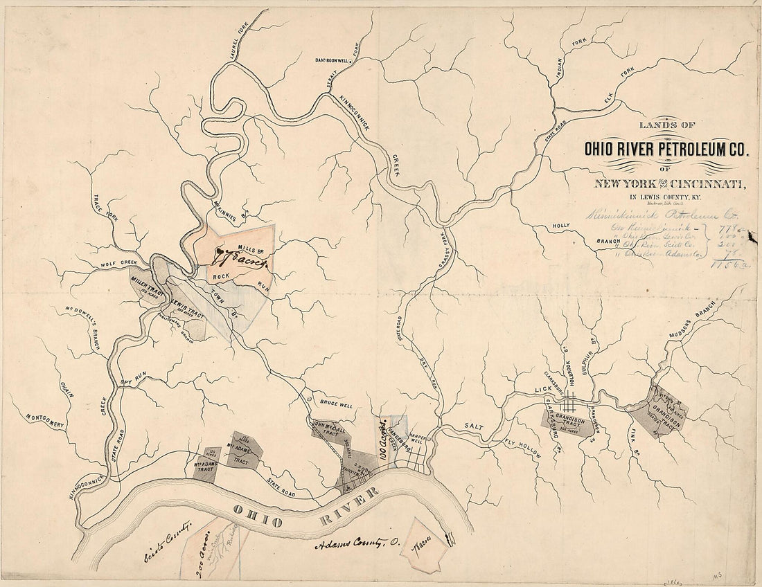 This old map of Lands of Ohio River Petroleum County of New York and Cincinnati In Lewis County, Ky. (Lands of Ohio River Petroleum Company of New York and Cincinnati In Lewis County, Kentucky) from 1864 was created by  in 1864