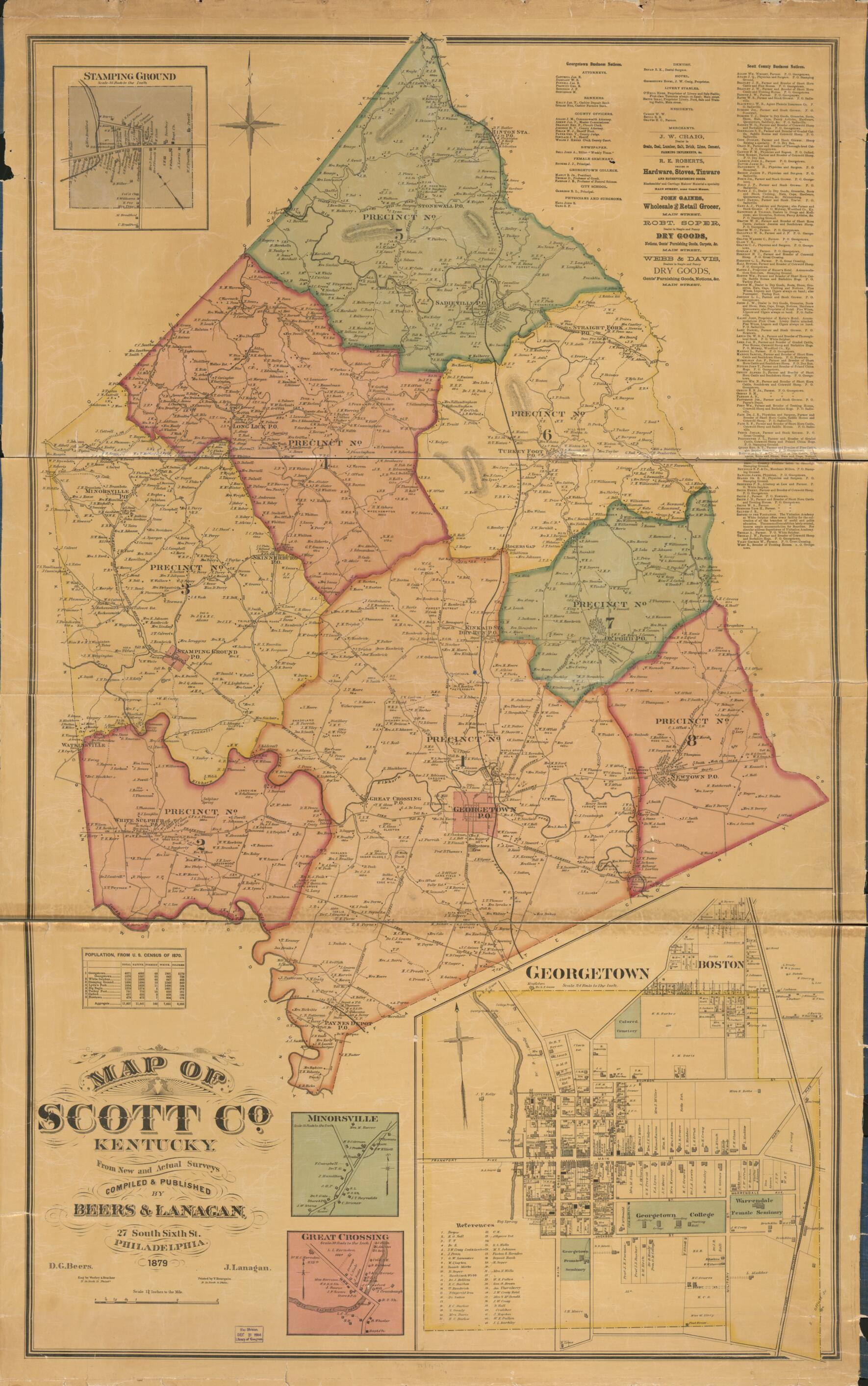 This old map of Map of Scott Co., Kentucky (Map of Scott County, Kentucky) from 1879 was created by D. G. (Daniel G.) Beers, F. (Frederick) Bourquin, J. Lanagan,  Worley &amp; Bracher in 1879