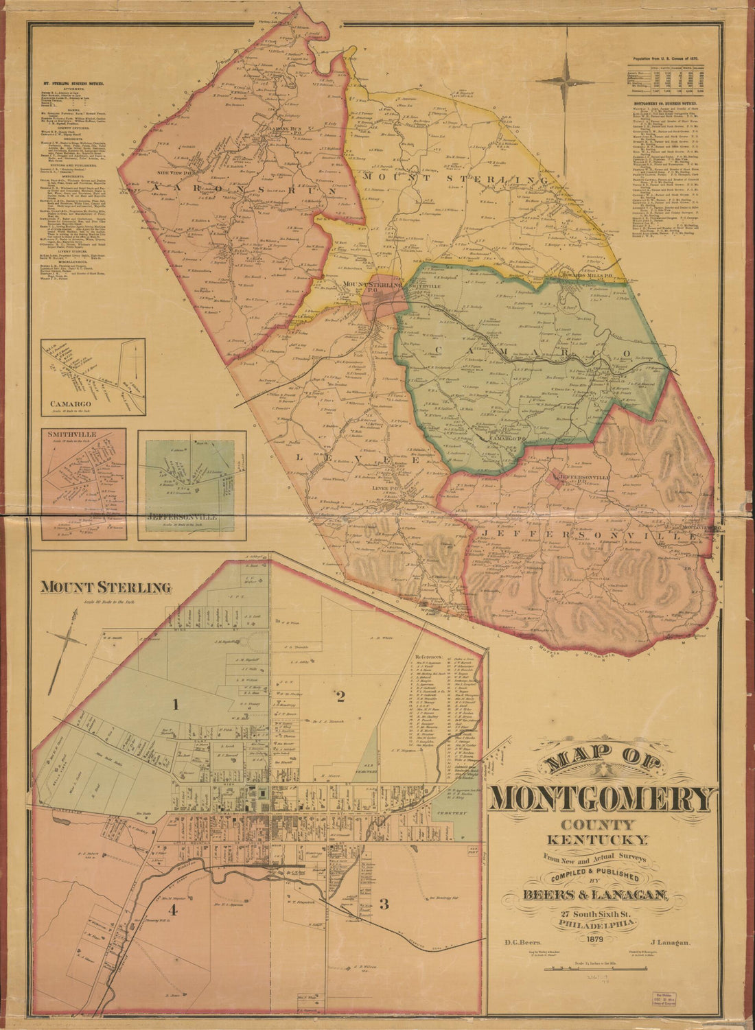 This old map of Map of Montgomery County, Kentucky from 1879 was created by D. G. (Daniel G.) Beers, F. (Frederick) Bourquin, J. Lanagan,  Worley &amp; Bracher in 1879