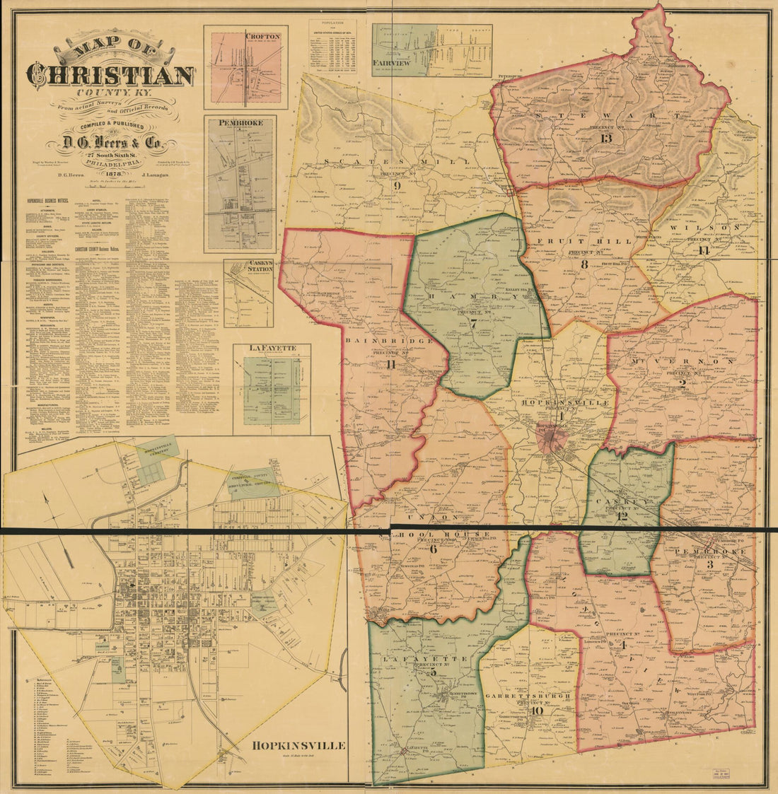 This old map of Map of Christian County, Ky. (Map of Christian County, Kentucky) from 1878 was created by D. G. (Daniel G.) Beers,  D.G. Beers &amp; Co,  H.J. Toudy &amp; Co, J. Lanagan,  Worley &amp; Bracher in 1878