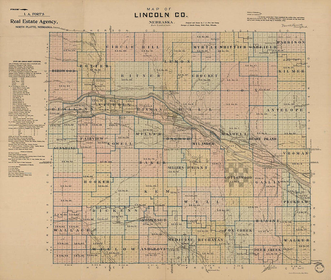 This old map of Map of Lincoln County Nebraska (Map of Lincoln County, Nebraska) from 1894 was created by I. A. Fort in 1894