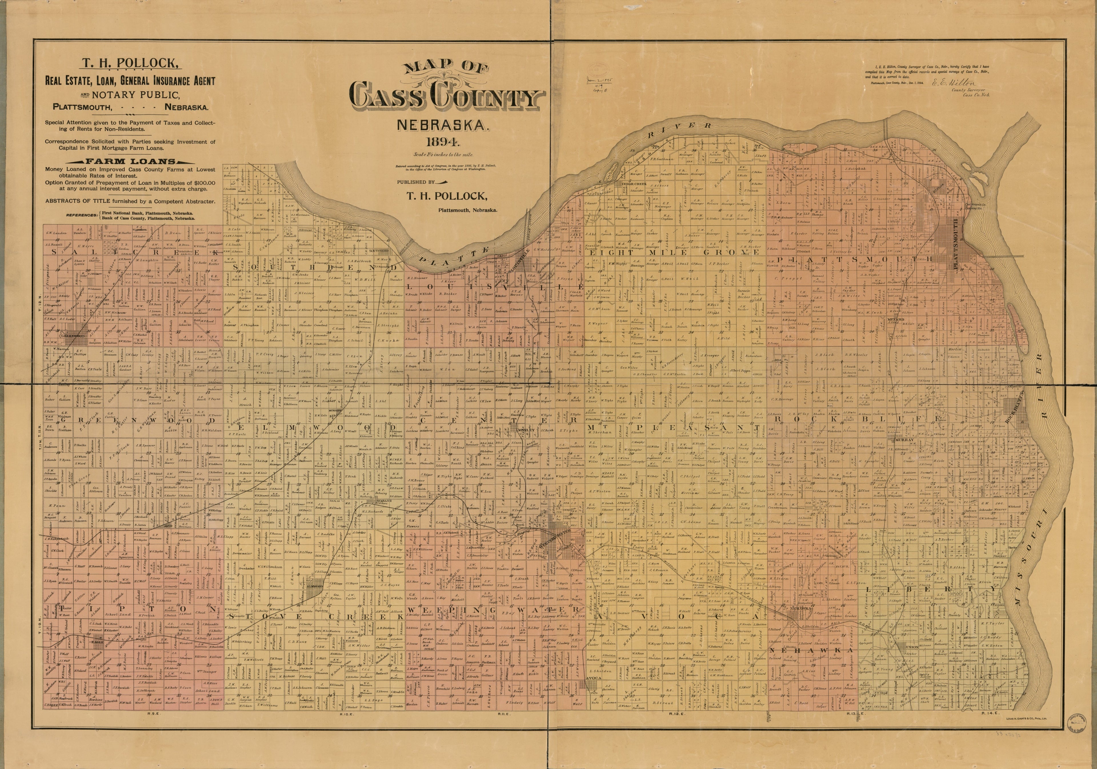 This old map of Map of Cass County, Nebraska from 1894 was created by T. H. Pollock in 1894