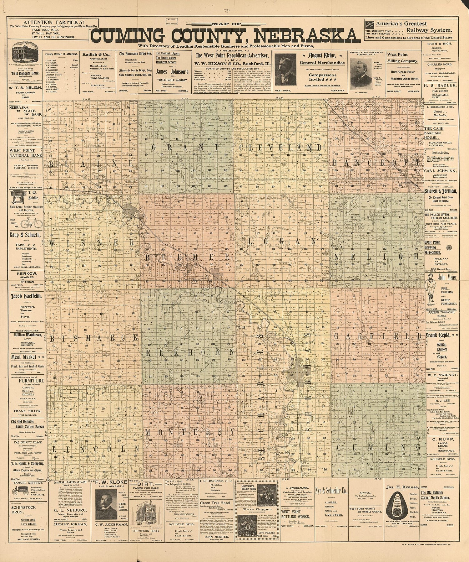 This old map of Map of Cuming County, Nebraska : With Directory of Leading Business and Professional Men and Firms from 1900 was created by  W.W. Hixson &amp; Co in 1900