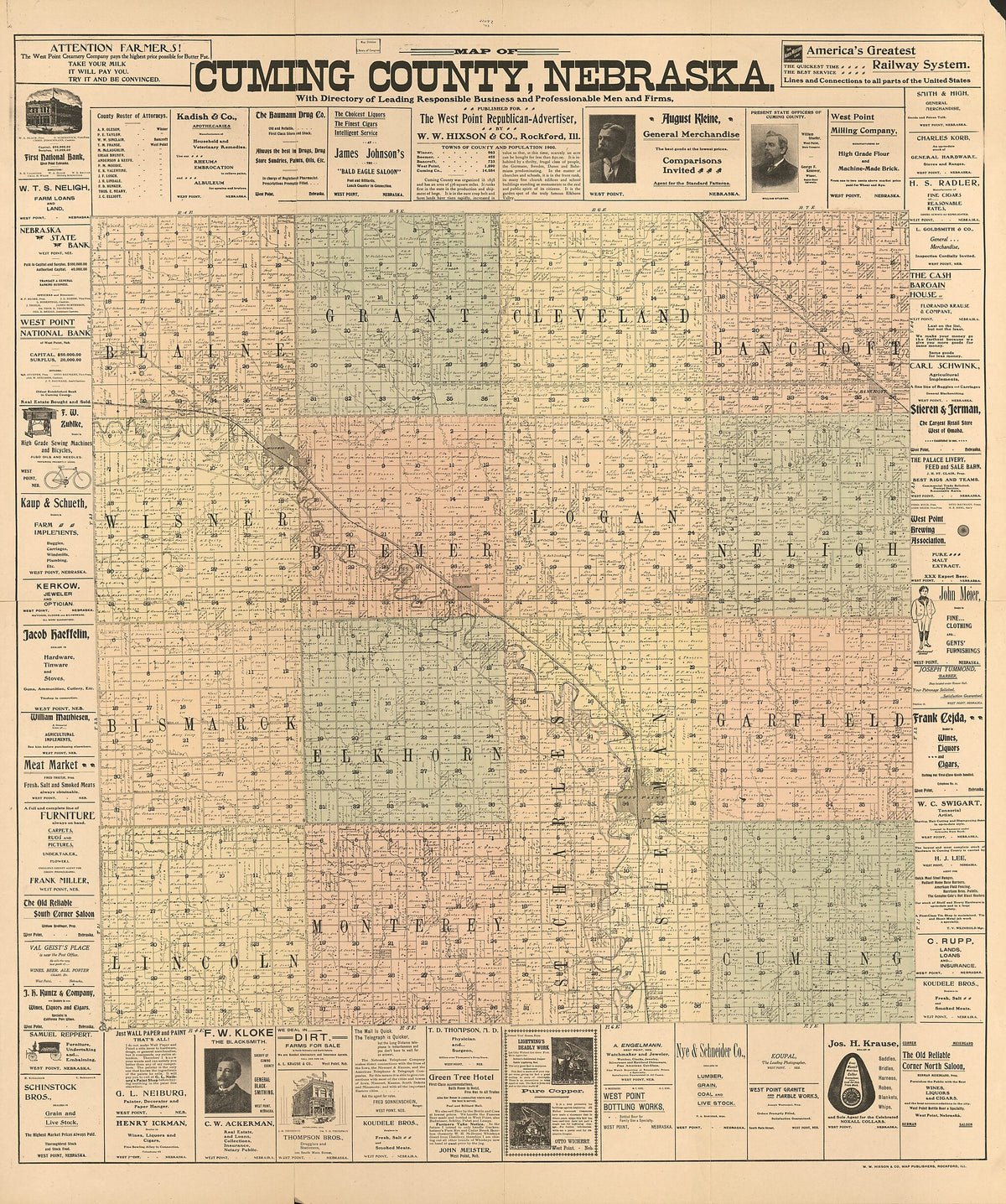 Map of Cuming County, Nebraska : With Directory of Leading Business and Professional Men and Firms 1900 by Relic Map Company