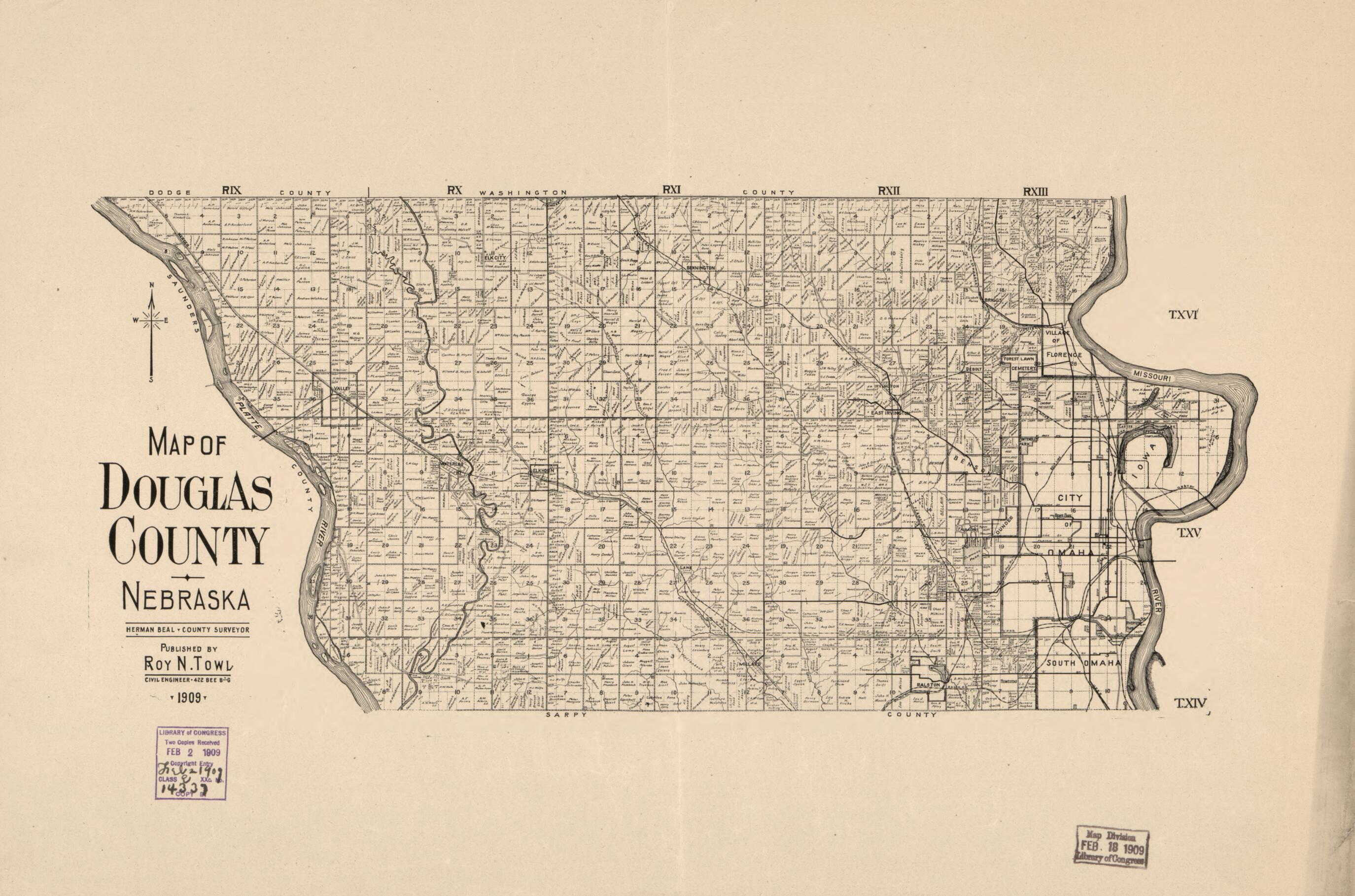 This old map of Map of Douglas County, Nebraska from 1909 was created by Herman Beal in 1909