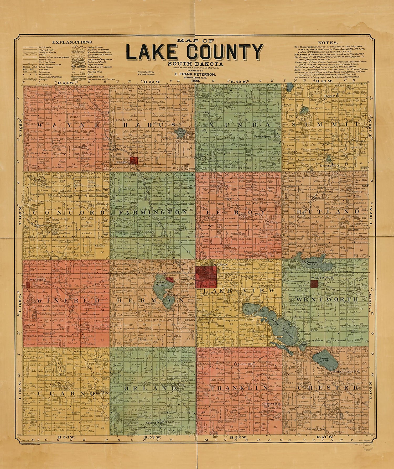 This old map of Map of Lake County, South Dakota : Compiled and Drawn from a Special Survey and Official Records from 1899 was created by E. Frank Peterson, S. Wangersheim in 1899