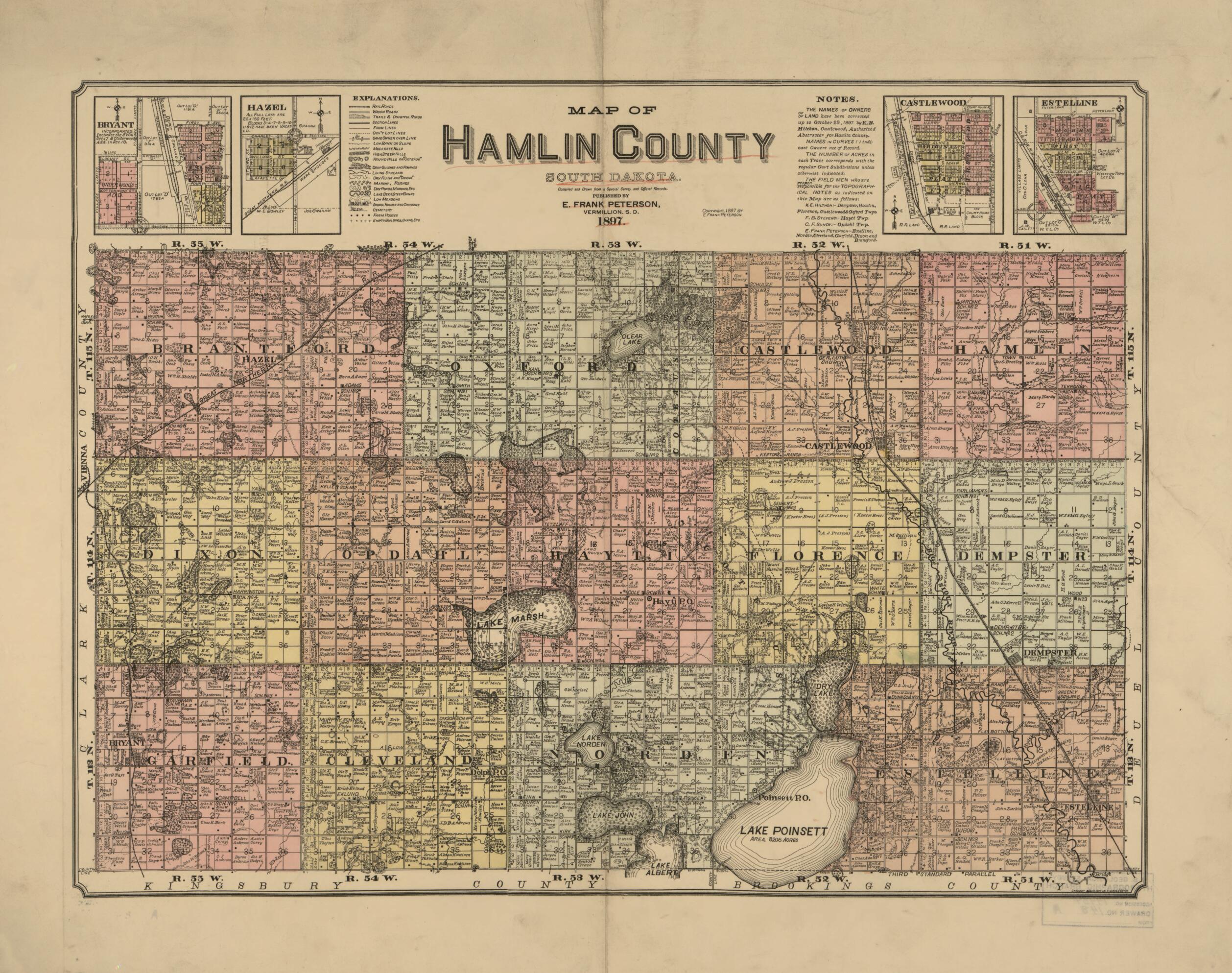 This old map of Map of Hamlin County, South Dakota : Compiled and Drawn from a Special Survey and Official Records from 1897 was created by E. Frank Peterson in 1897