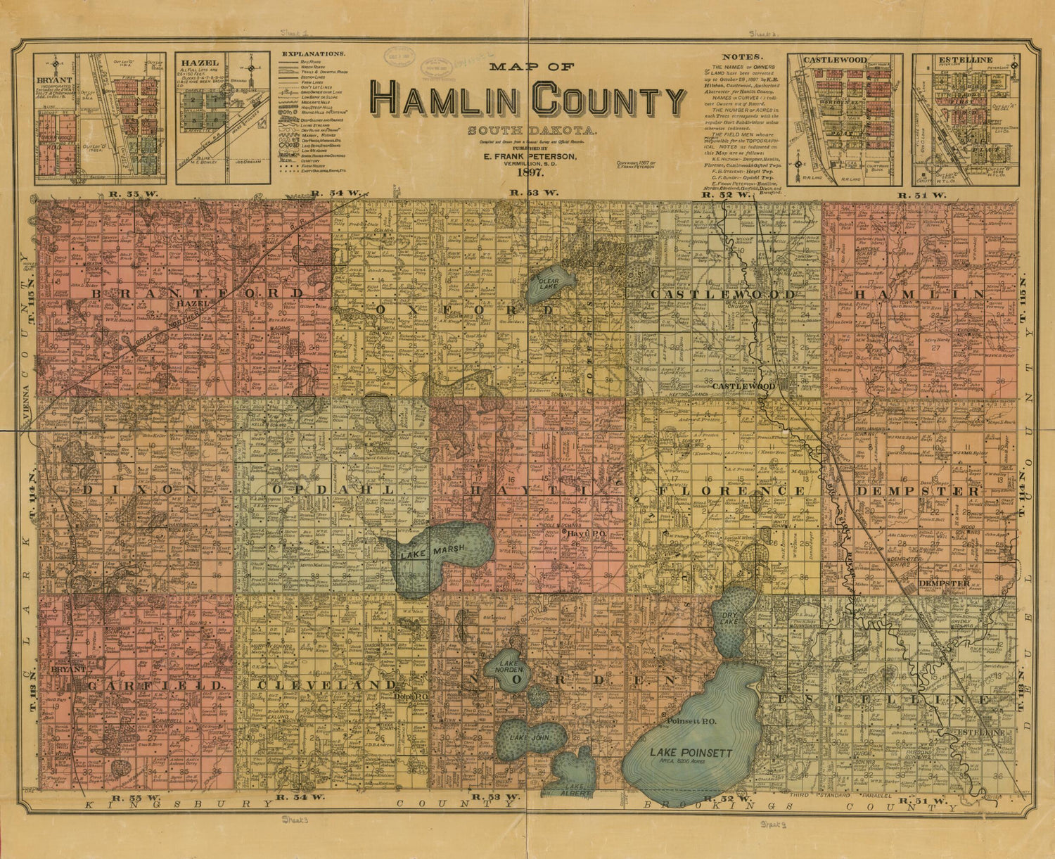 This old map of Map of Hamlin County, South Dakota : Compiled and Drawn from a Special Survey and Official Records from 1897 was created by E. Frank Peterson in 1897
