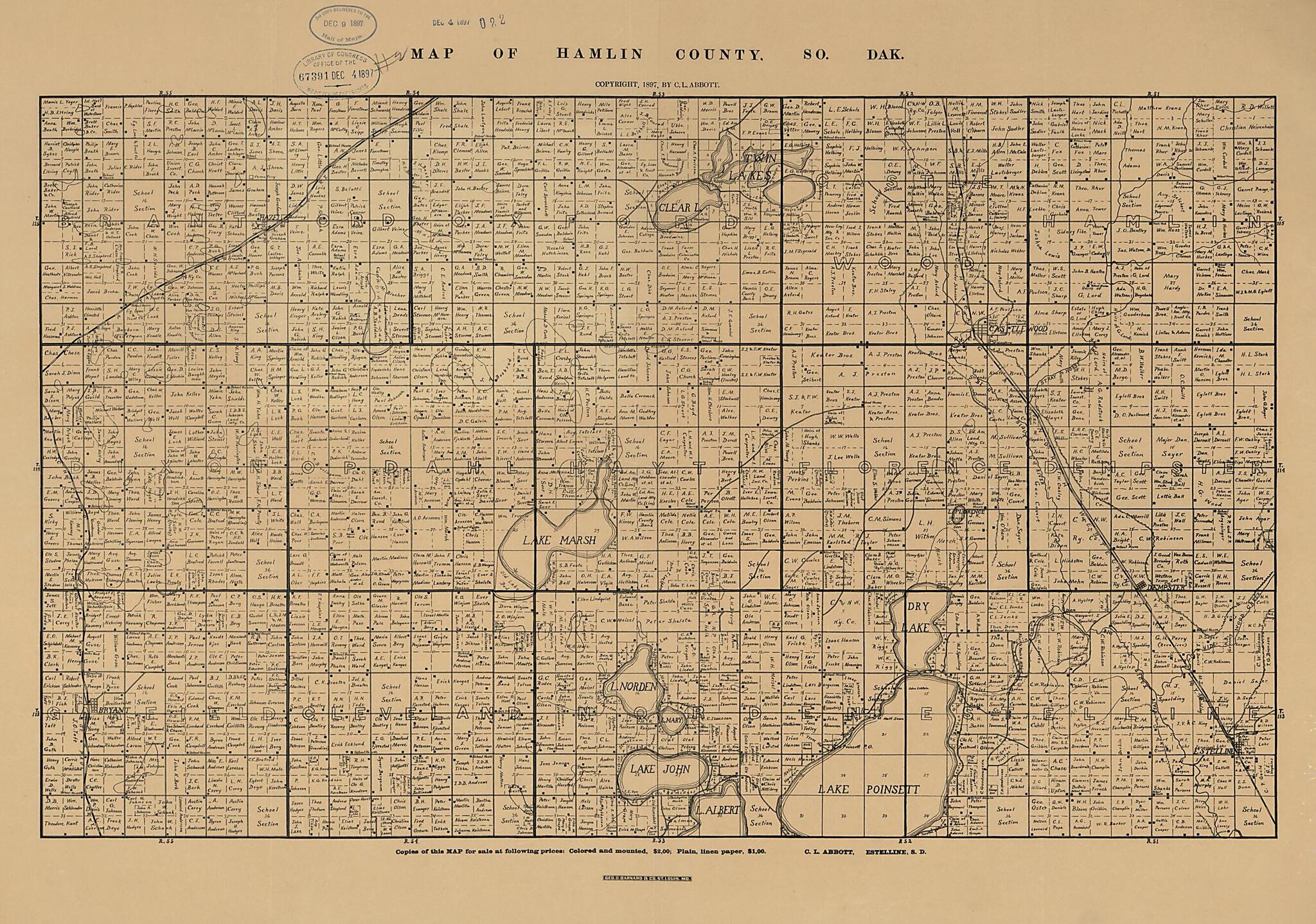 This old map of Map of Hamlin County, So. Dak. (Map of Hamlin County, South Dakota) from 1897 was created by C. L. Abbott in 1897