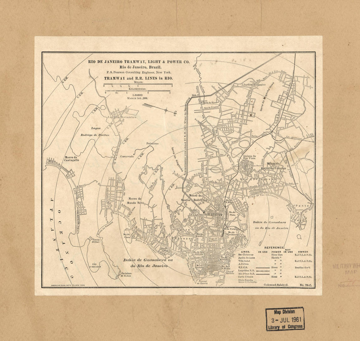 Rio De Janeiro Tramway, Light &amp; Power Co., Rio De Janeiro, Brazil : Tramway and R.R. Lines In Rio (Rio De Janeiro Tramway, Light and Power Company, Rio De Janeiro, Brazil, Tramway and R.R. Lines In Rio, Tramway and Railroad Lines In Rio) 1906 by Relic Map Company