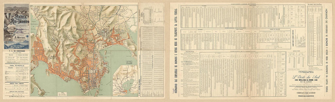 This old map of Planta Do Rio De Janeiro Com Os Horarios Dos Bondes, Estradas De Ferro, Barcas, Estradas De Rodagem Etc from 1900 was created by A. Merian in 1900