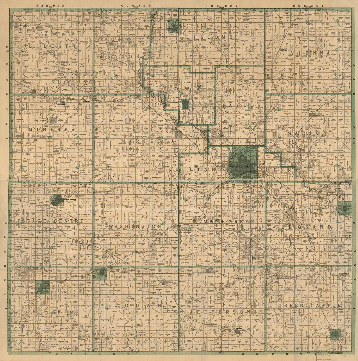 Township and Sectional Pocket Map of Marshall County, Iowa, Pocket Map of Marshall County, Iowa in 1896 by Relic Map Company