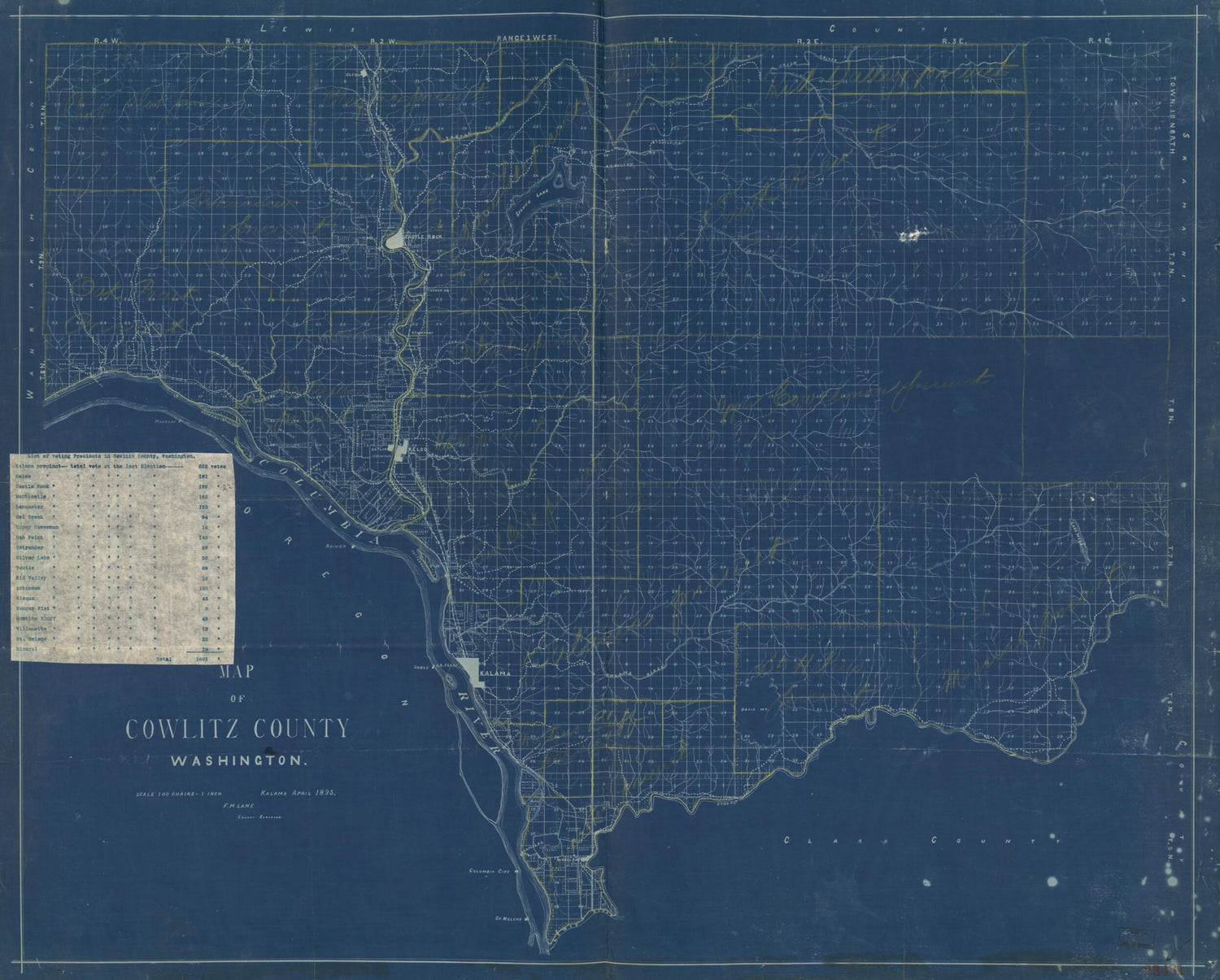 This old map of Map of Cowlitz County, Washington from 1895 was created by F. M. Lane in 1895