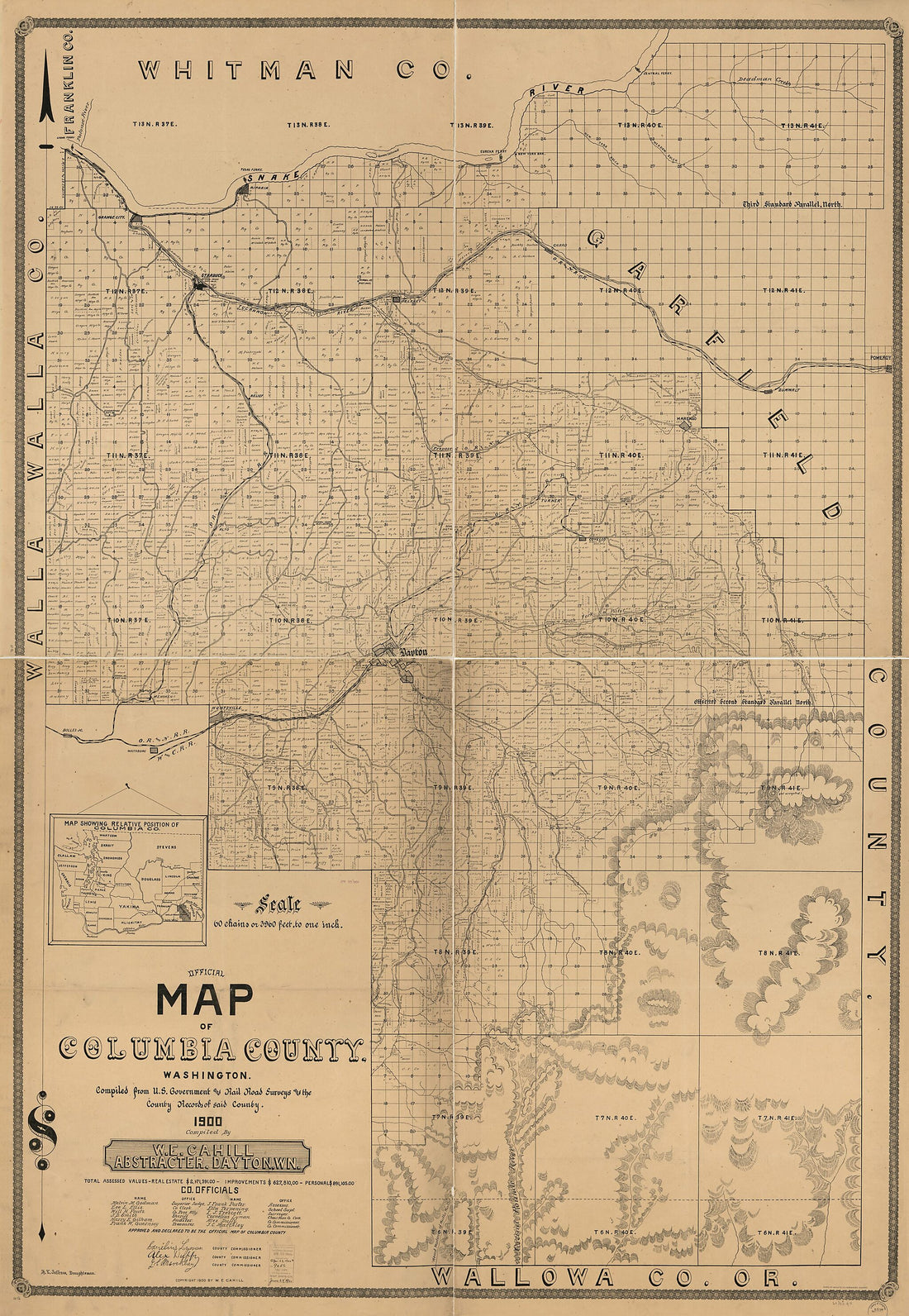 This old map of Official Map of Columbia County, Washington : Compiled from U.S. Government and Rail Road Surveys and the County Records of Said County from 1900 was created by  Britton &amp; Rey, W. E. Cahill in 1900