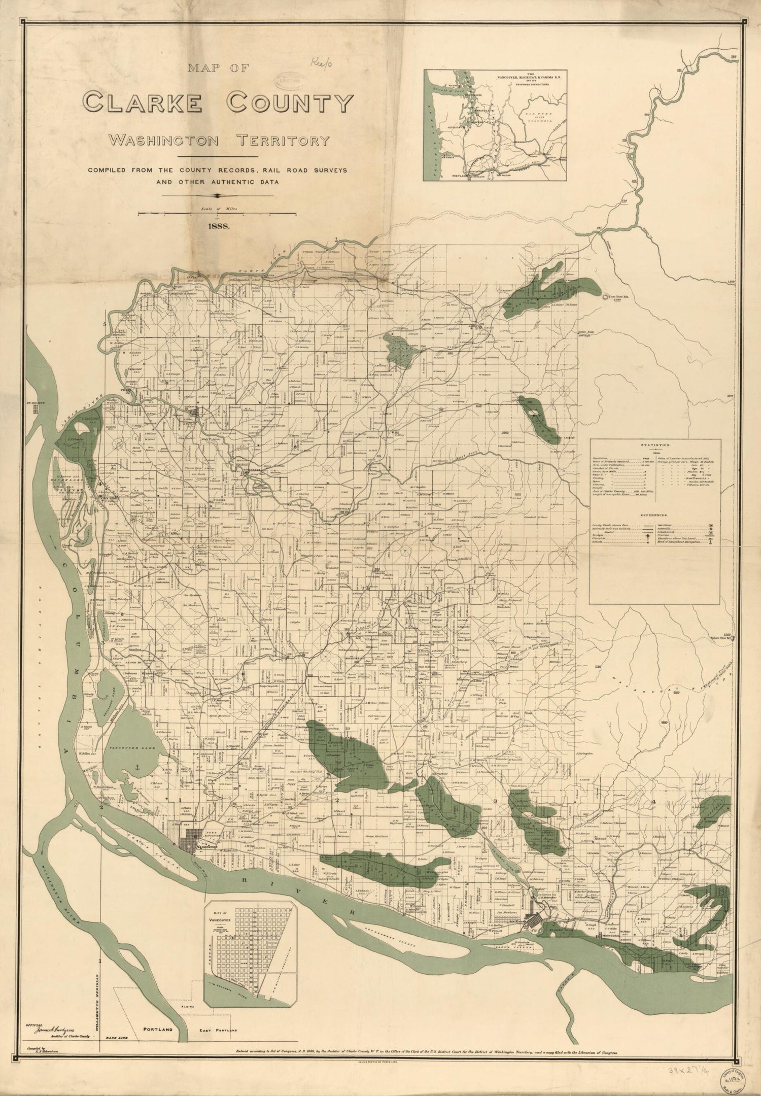 This old map of Map of Clarke County, Washington Territory : Compiled from the County Records, Rail Road Surveys, and Other Authentic Data from 1888 was created by Robert A. Habersham,  Julius Bien &amp; Co in 1888