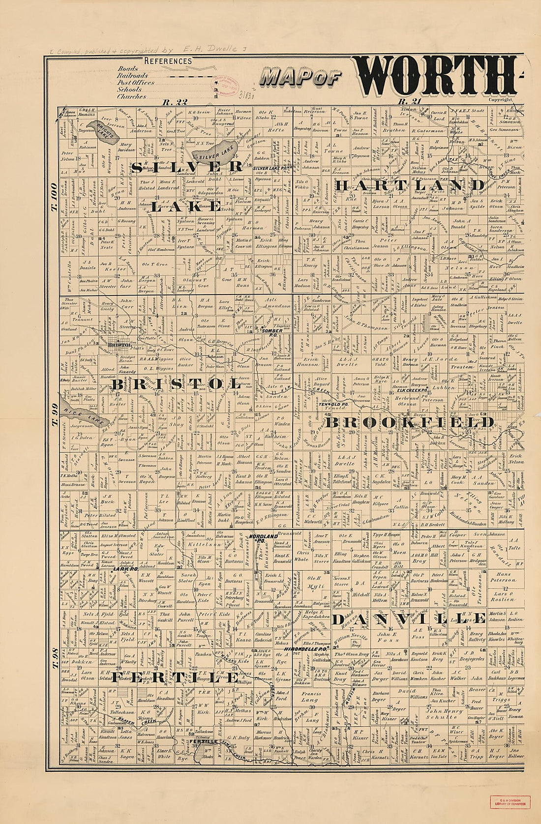 This old map of Map of Worth County, Iowa from 1894 was created by E. H. Dwelle in 1894