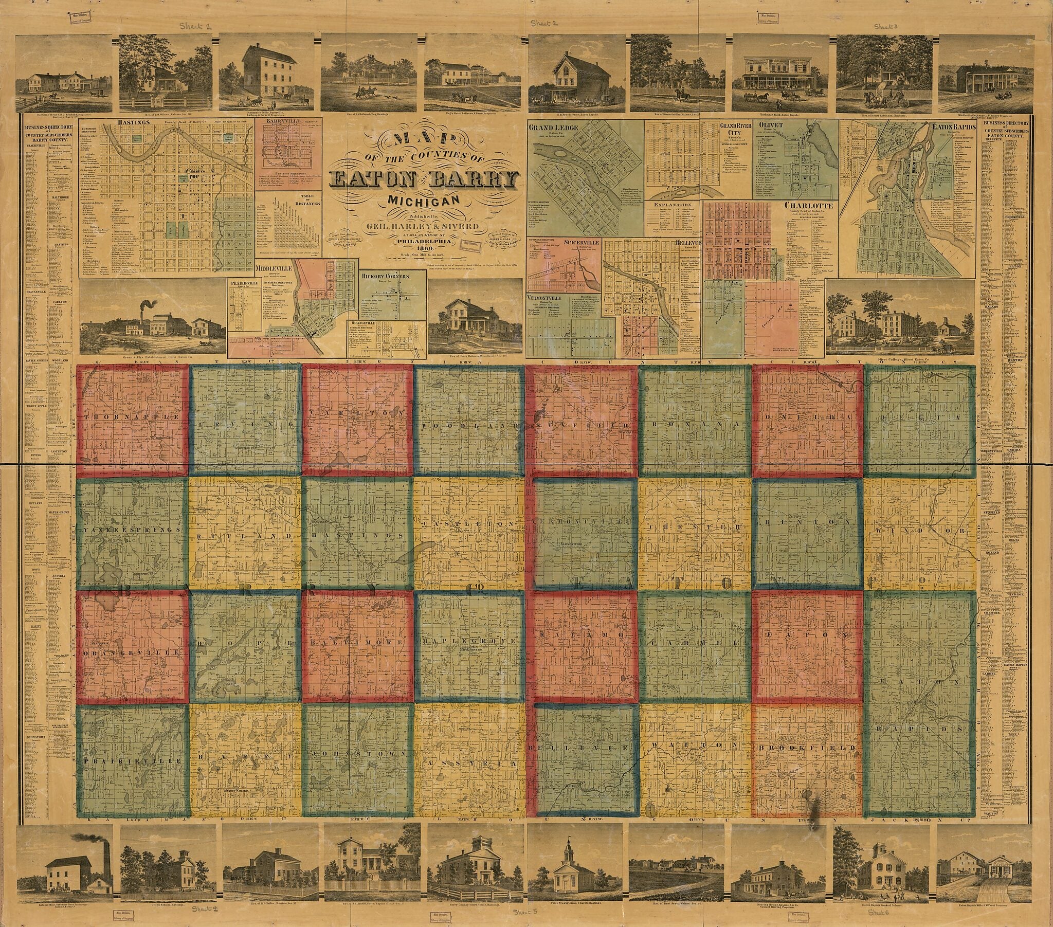 This old map of Map of Counties of Eaton and Barry, Michigan from 1860 was created by  Geil and Jones, Harley &amp; Siverd Geil, David S. Harley, Joseph D. Nash,  Worley &amp; Bracher in 1860