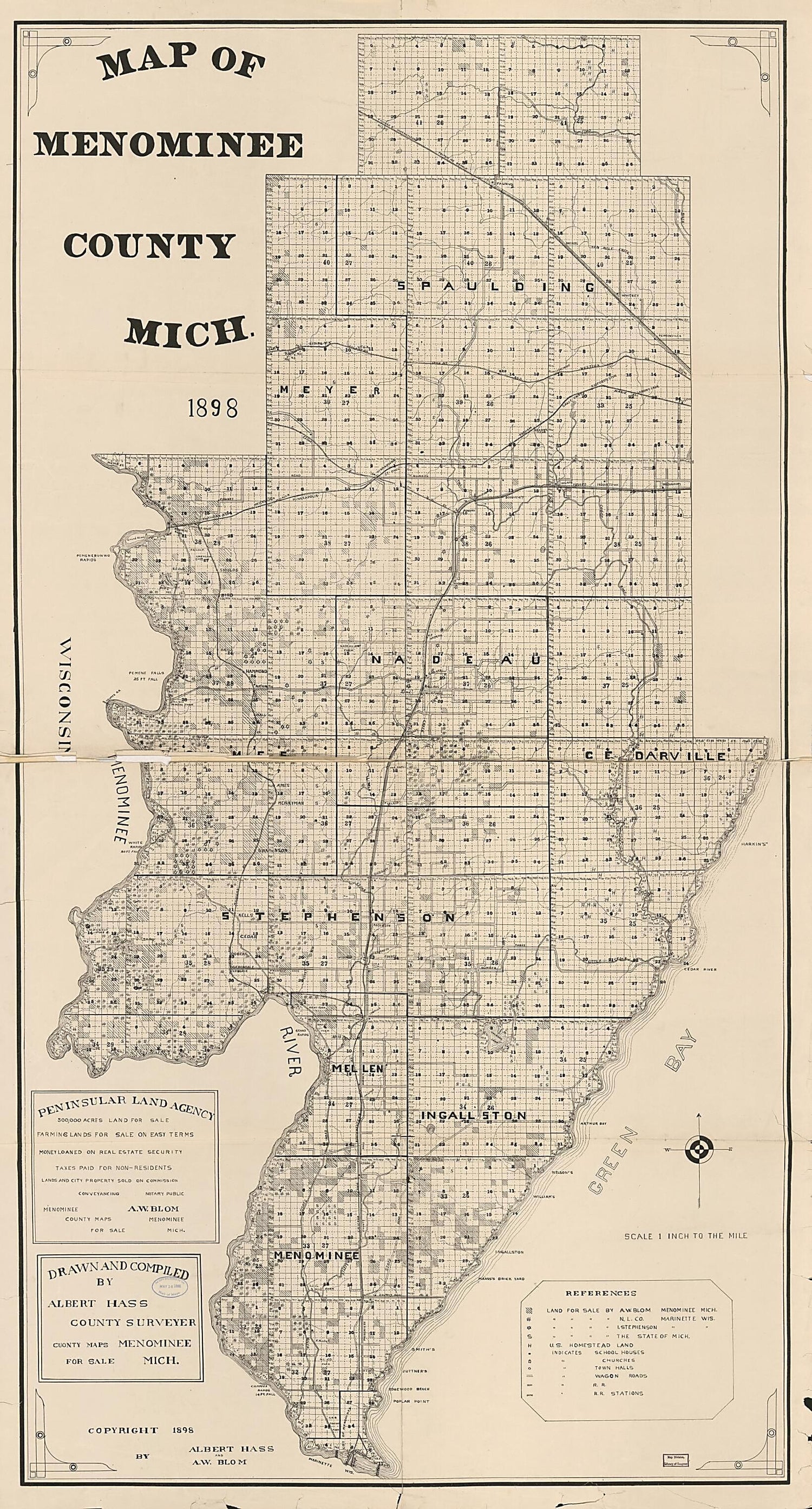 This old map of Map of Menominee County, Mich from 1898 was created by A. W. Blom, Albert Hass in 1898