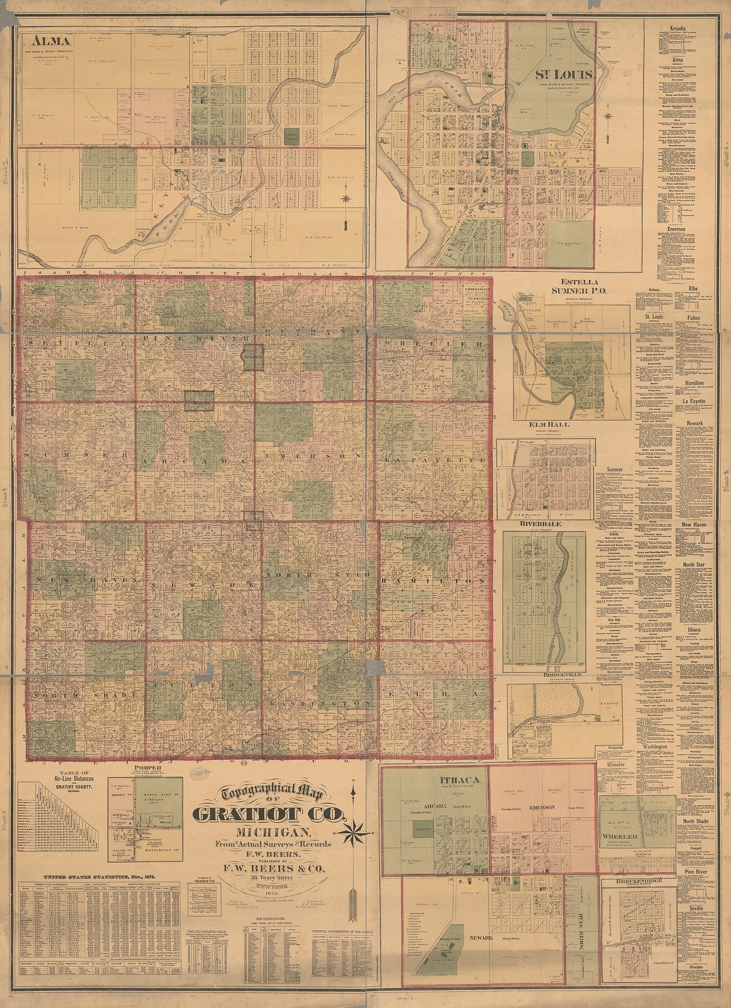 This old map of Topographic Map of Gratiot County, Michigan from 1876 was created by  F. W. Beer &amp; Co, Charles Hart, Louis E. Neumann in 1876